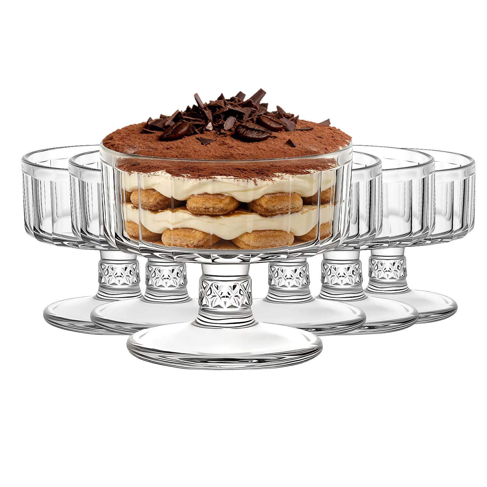 TOLASTO Dessert Glass Bowls Set of 6, 315ml Footed Glass Dessert Cups, Clear Ice Cream Sundae Bowls for Tiramisu, Panna Cotta, Trifle, Yogurt, Pudding & Layered Desserts