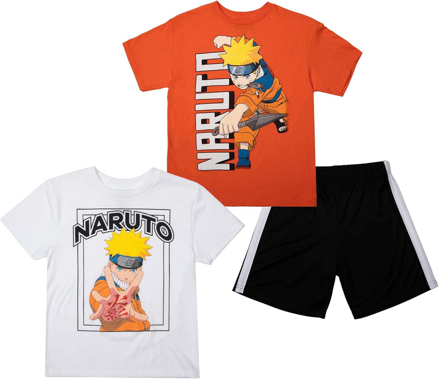 Bioworld Naruto Boys 3-Pack Set - Includes Two Tees and Mesh Shorts