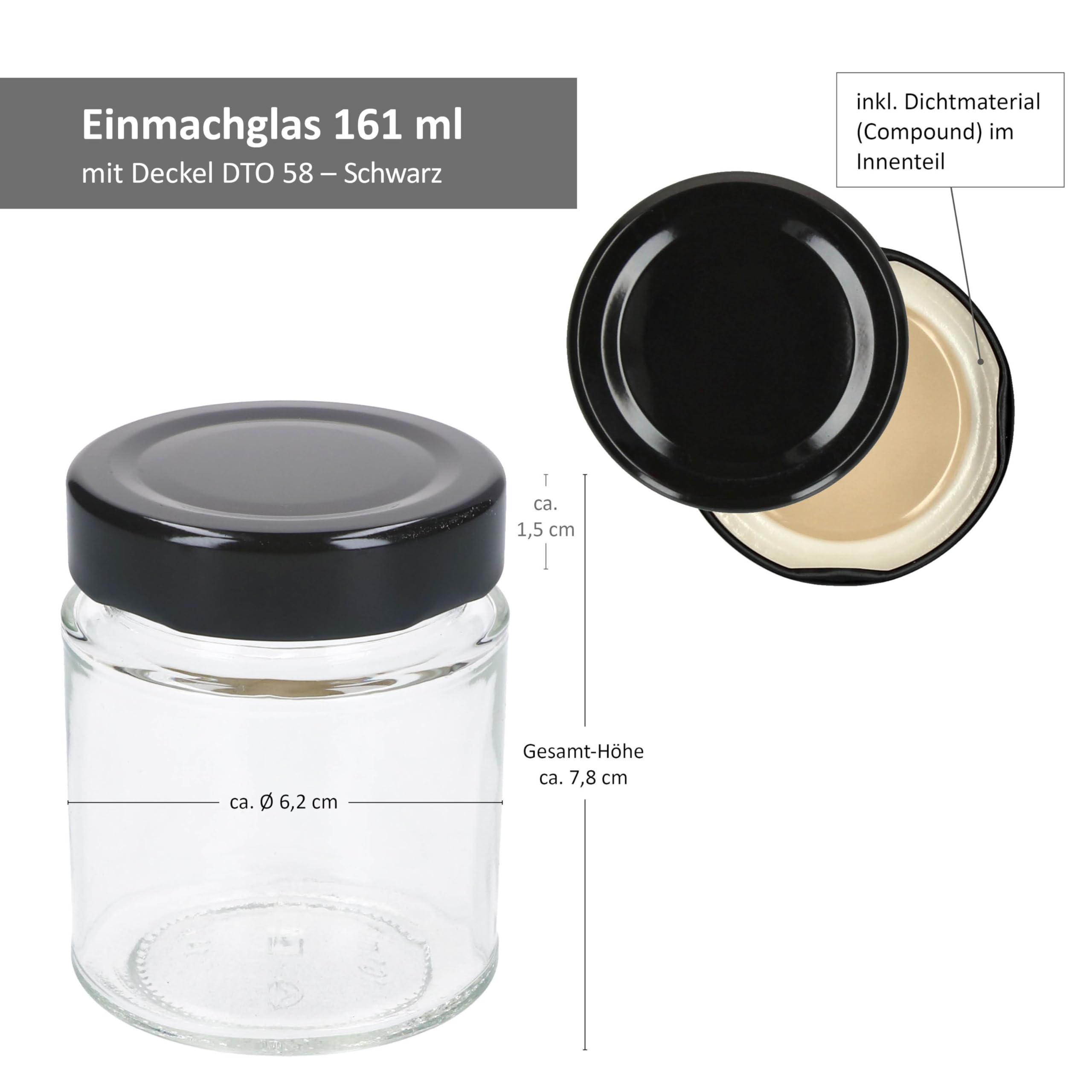 MamboCat 96er Set Marmeladenglas 161 ml mit Schraub-Deckel Schwarz I Hochrandgläser + Deep to 58 Deckel mit Diamant-Zucker-Rezept I Vorratsgläser einkochen & konservieren