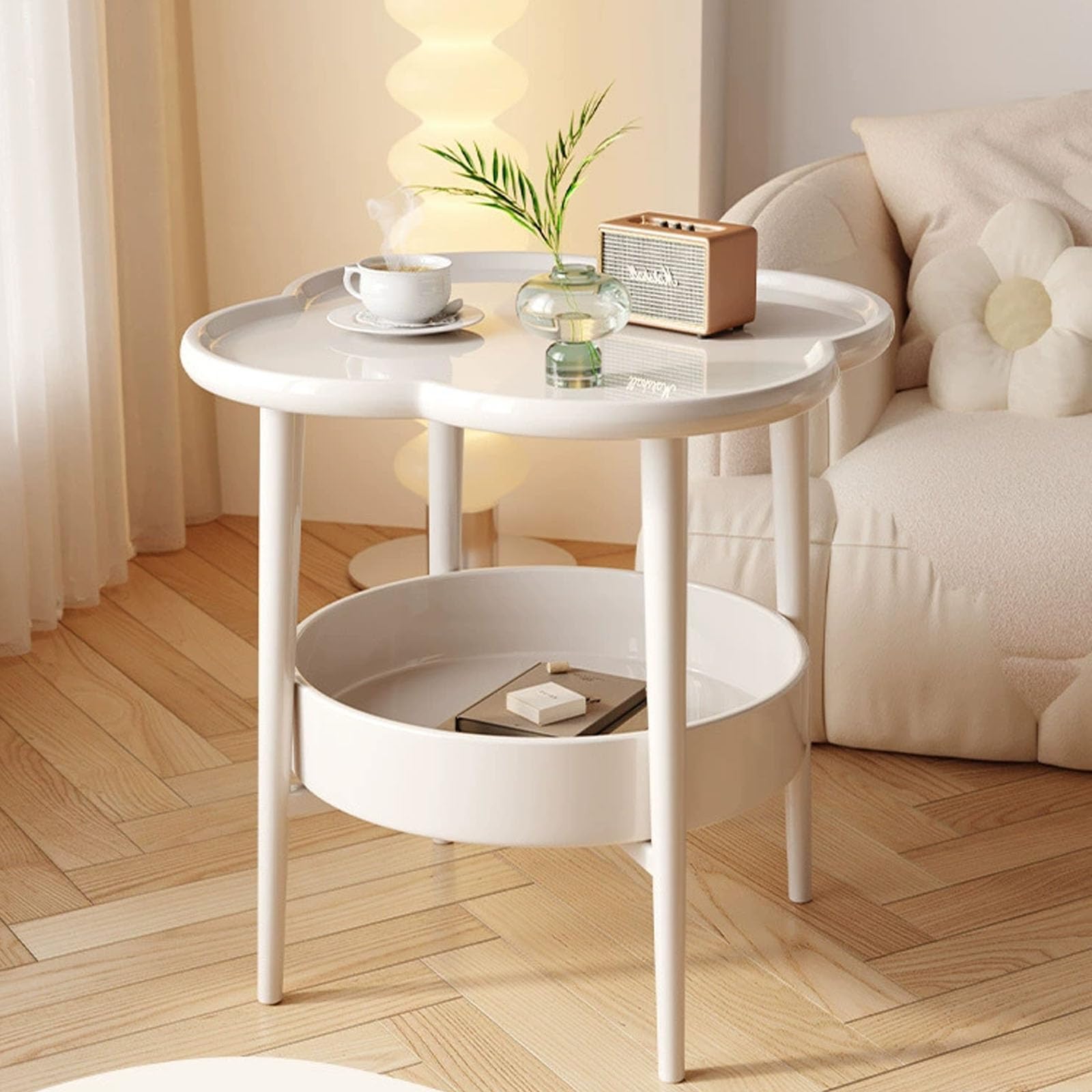 SXZenSpace Four Leaf Clover Side Table with Raised Edges,Freestanding Coffee Tea Table,Side Tables for Couch,Living Room,Bedroom,Small Space,White