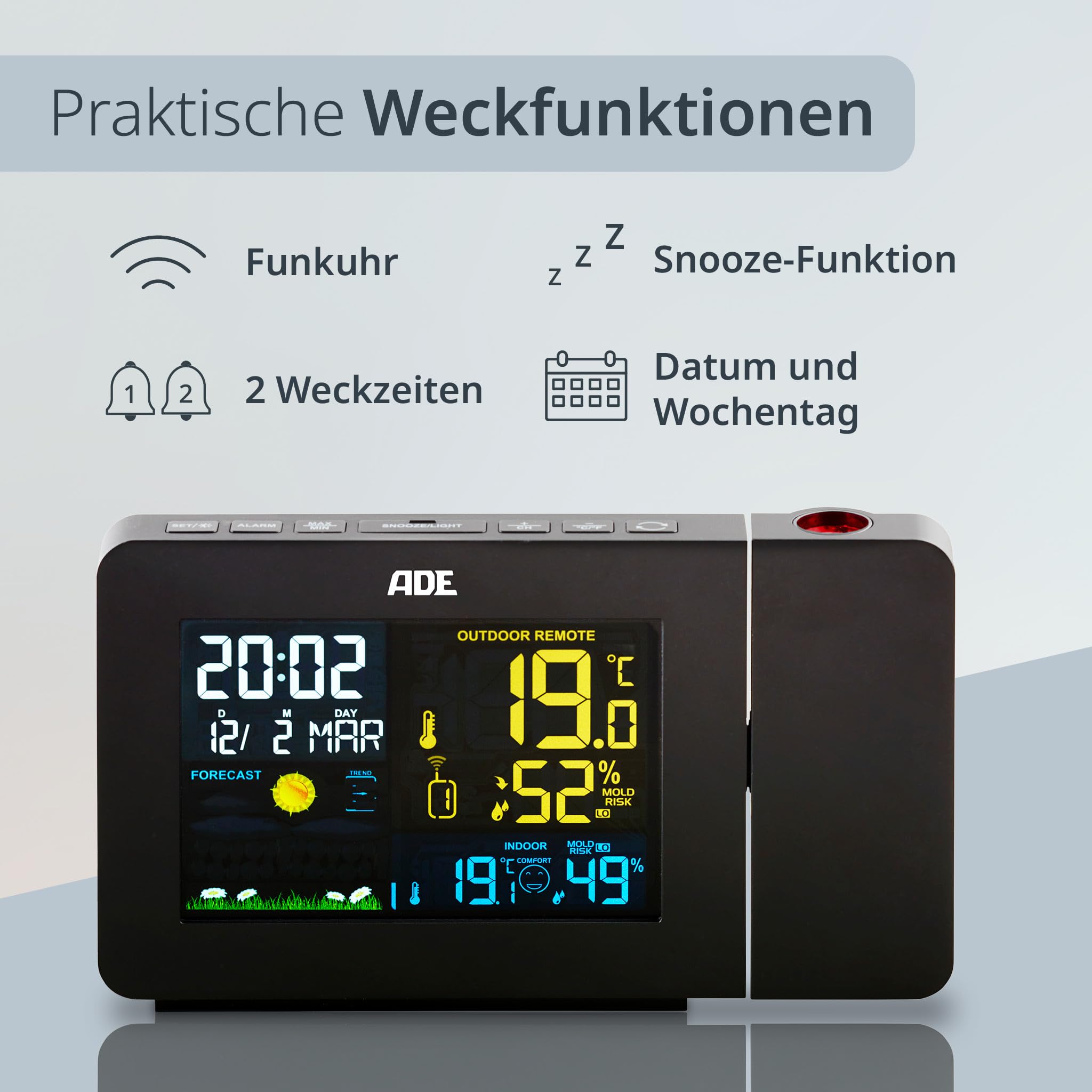 ADE Funkwecker mit Projektion | Funk Wetterstation mit Außensensor | Hygrometer und Thermometer für innen und außen | Projektionswecker | digital mit Netzteil | schwarz