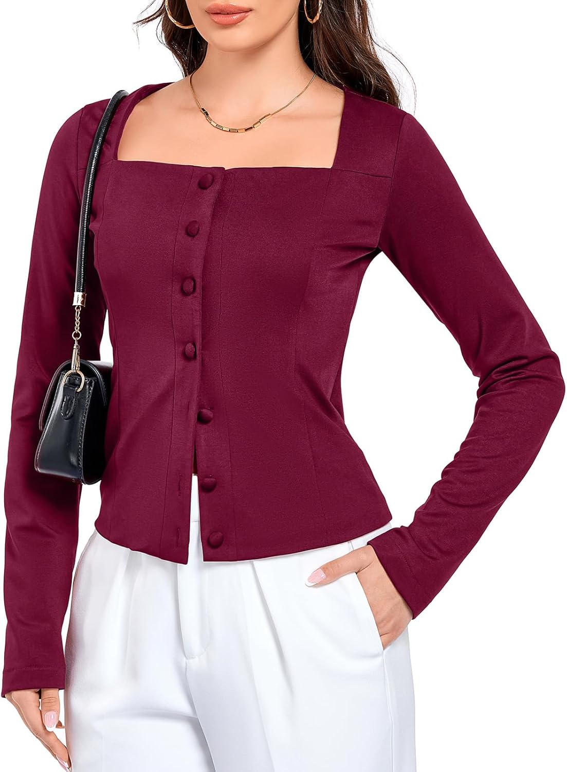 Women's Square Neck Casual Blazers Long Sleeve Button Up Suit Jackets Work Business Outfits Fitted Blazer