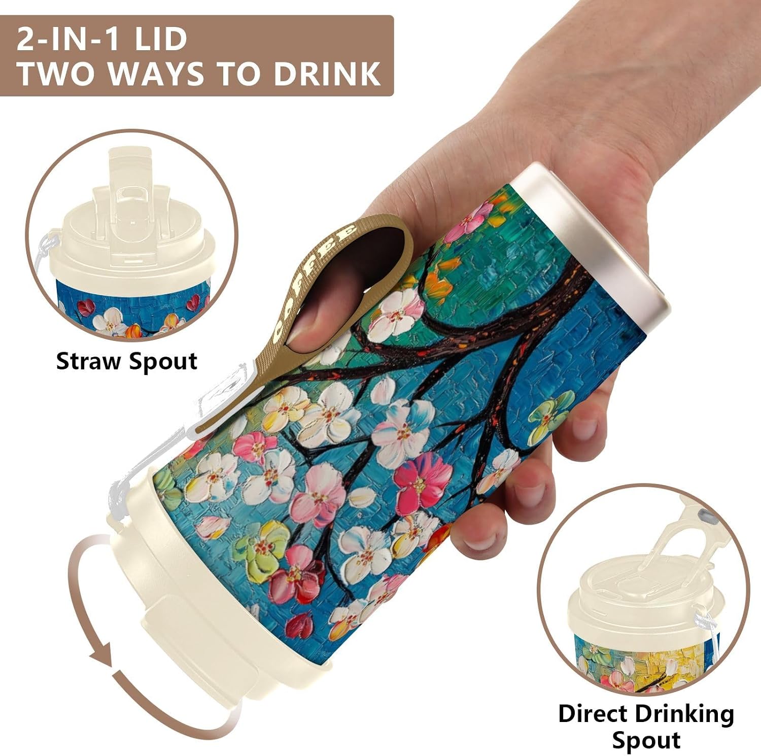 Colorful Flowers Tree Art Insulated Coffee Mug with Straw & Flip Lid, 16.9oz Iced Tumbler Cup, Double Wall Vacuum Leak-Proof Mug for Travel Office