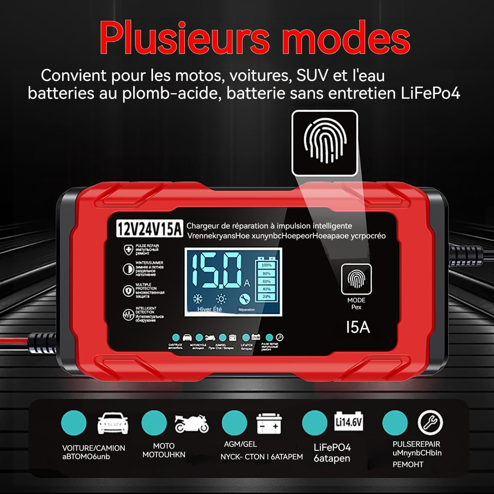 Chargeur Batterie Voitures 12V/24V 15A, avec Compensation de Température,Booster Batterie Universel Intelligent, Maintien de Charge Sûr Et Efficace, pour Voiture, Camion, Moto (Rouge)