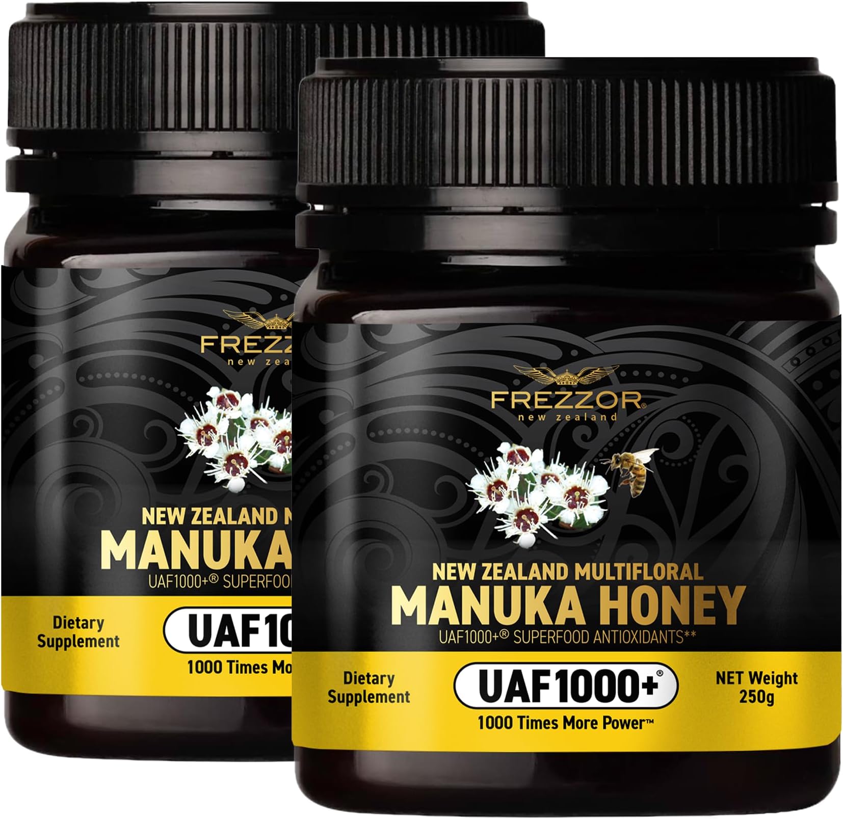 FREZZOR Premium New Zealand Raw Multifloral Manuka Honey with UAF1000+ Super Antioxidant, 230% More Bioactive, Best Support for Everyday Wellness, Antioxidant Superfood, 2 Jars (17.6oz/500g)