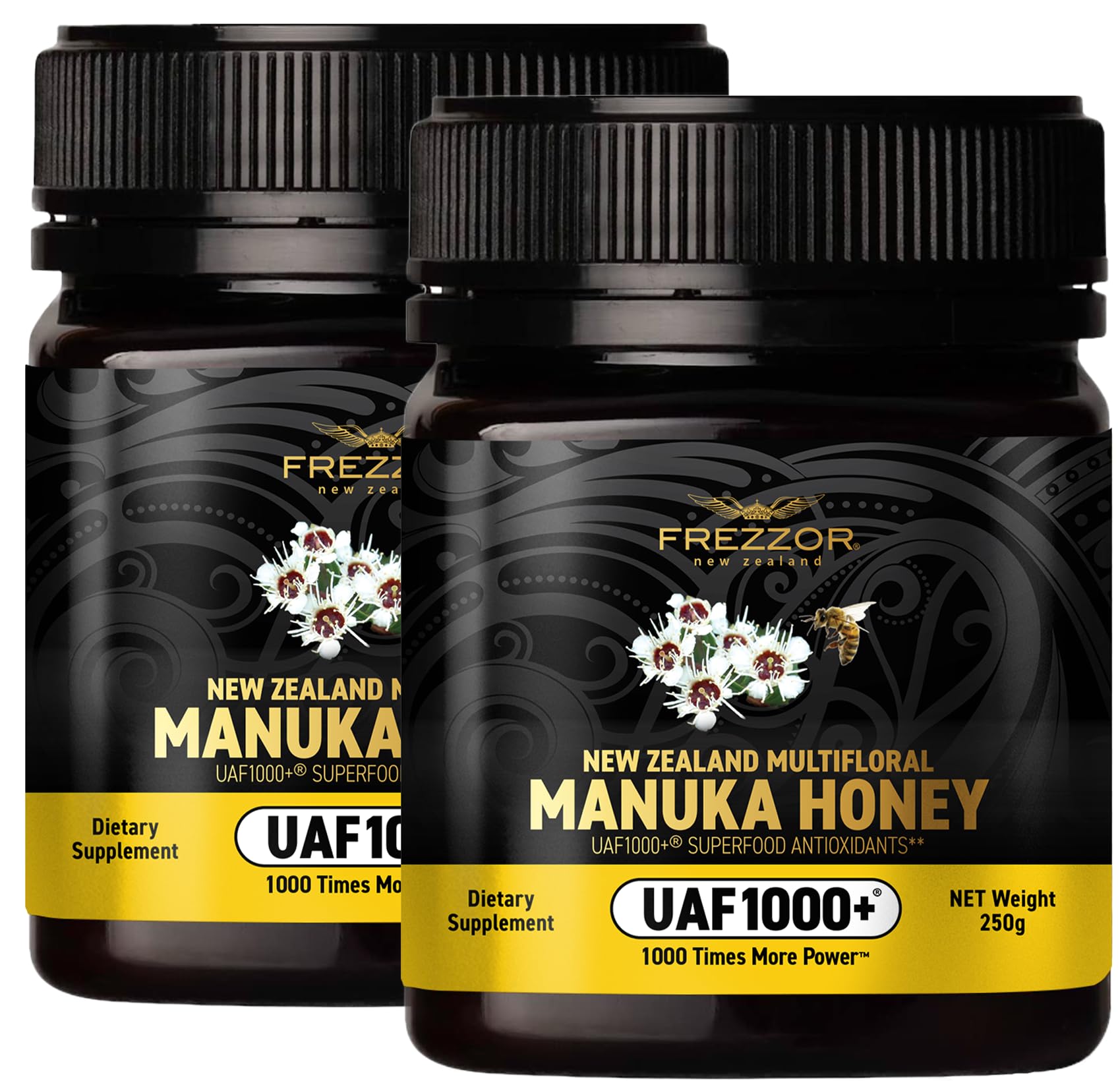 FREZZOR Premium New Zealand Raw Multifloral Manuka Honey with UAF1000+ Super Antioxidant, 230% More Bioactive, Best Support for Everyday Wellness, Antioxidant Superfood, 2 Jars (17.6oz/500g)