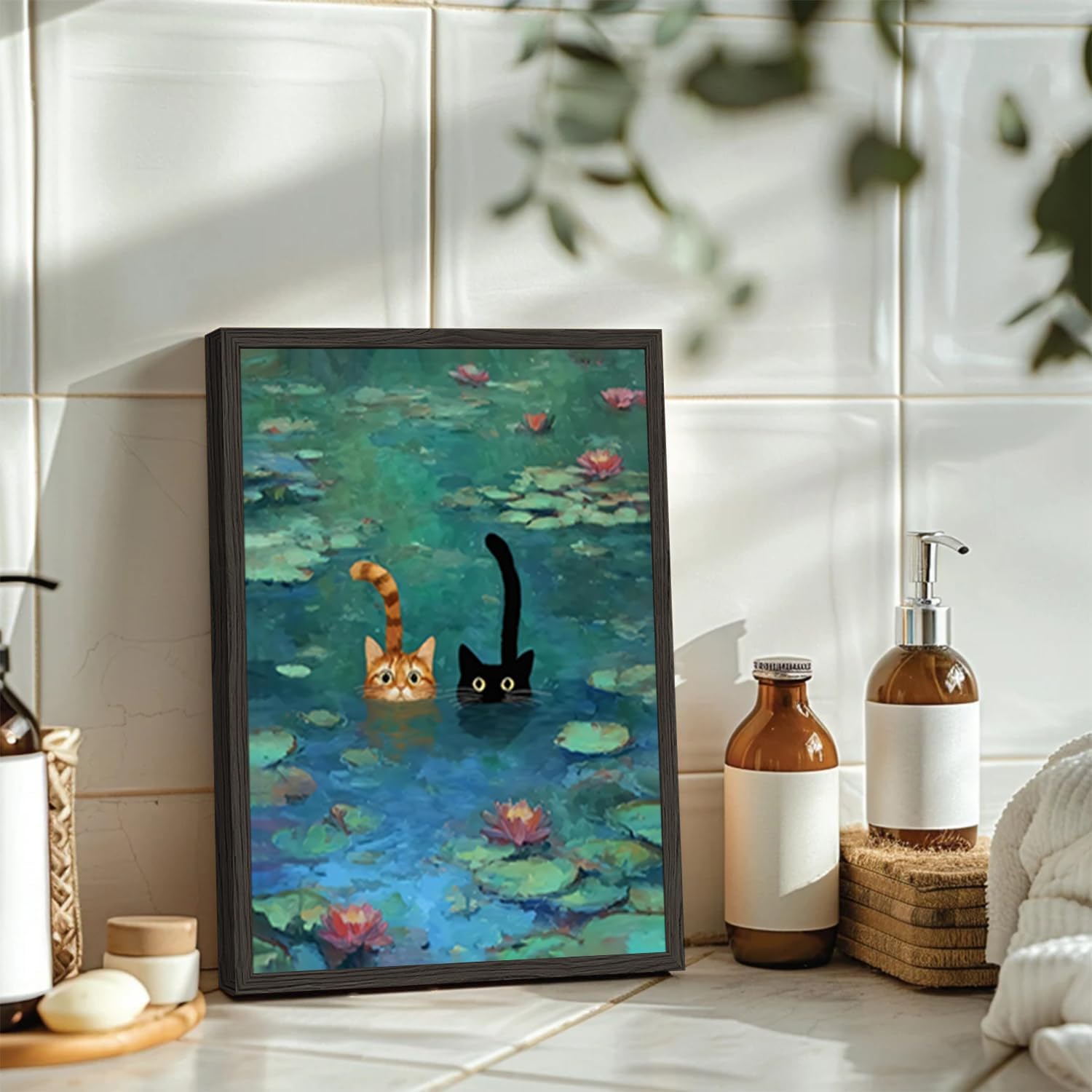 Funny Cat Wall Art Vintage Monet Water Lilies Cat Canvas Painting, Whimsical Cute Cat Poster Print Artwork for Bathroom Bedroom Living Room Home Decor Black Frame12x16 Inch