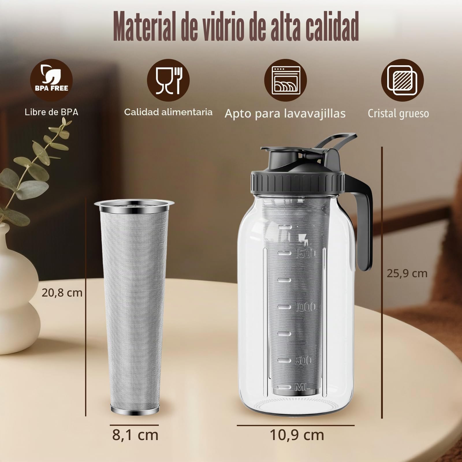 Cafetera Cold Brew de 2 l/64oz,botella de café frío,con asa y filtro de acero inoxidable,Cafetera de cristal,para café y té en frío