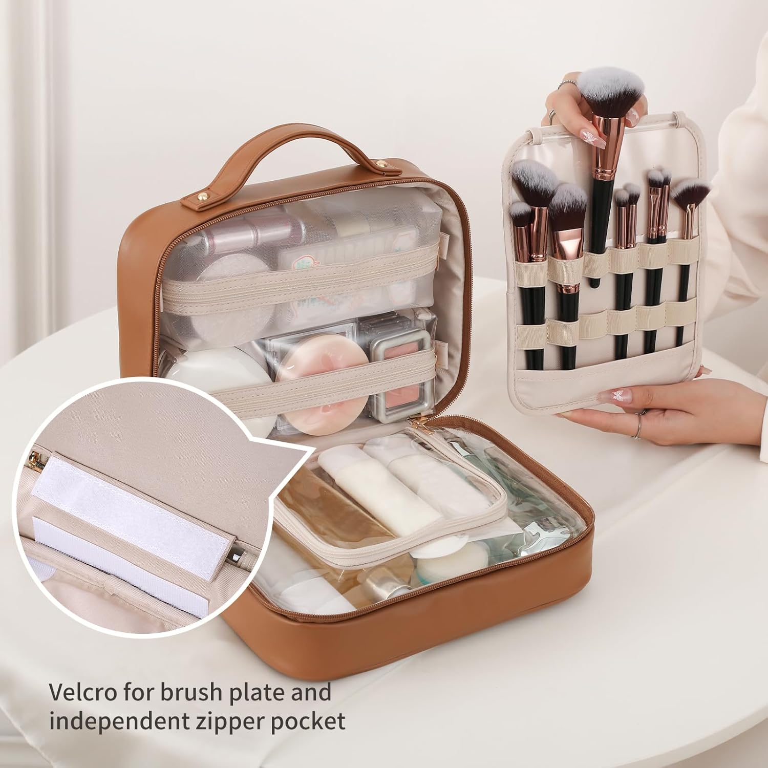 RIGHT AWAY Travel Toiletry Bag for Women, Makeup Bag& Cases, Waterproof Makeup Organizer Cosmetic Bag with Compartments,Portable Make Up Bag for Travel Size Toiletries,Skincare,Brushes Set,Brown