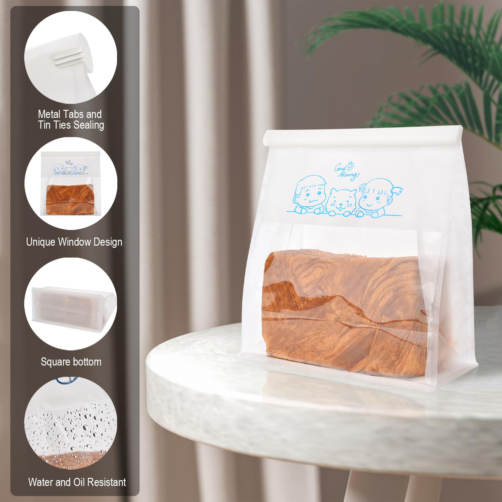 Funcoo Papier-Brotbeutel mit Frontfenster, Zinnverschluss, Lebensmittelverpackung, Bäckereibeutel für hausgemachtes Brot, Brot, Toast, Kekse, Brownies, Gebäck, 27,9 x 21,6 x 10,9 cm, 50 Stück