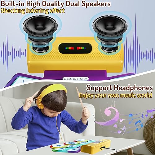 Miniatura 3 de Lotkey Juego de batería electrónica, 9 almohadillas eléctricas portátiles para niños, kit de batería enrollable con pedales de batería de altavoz