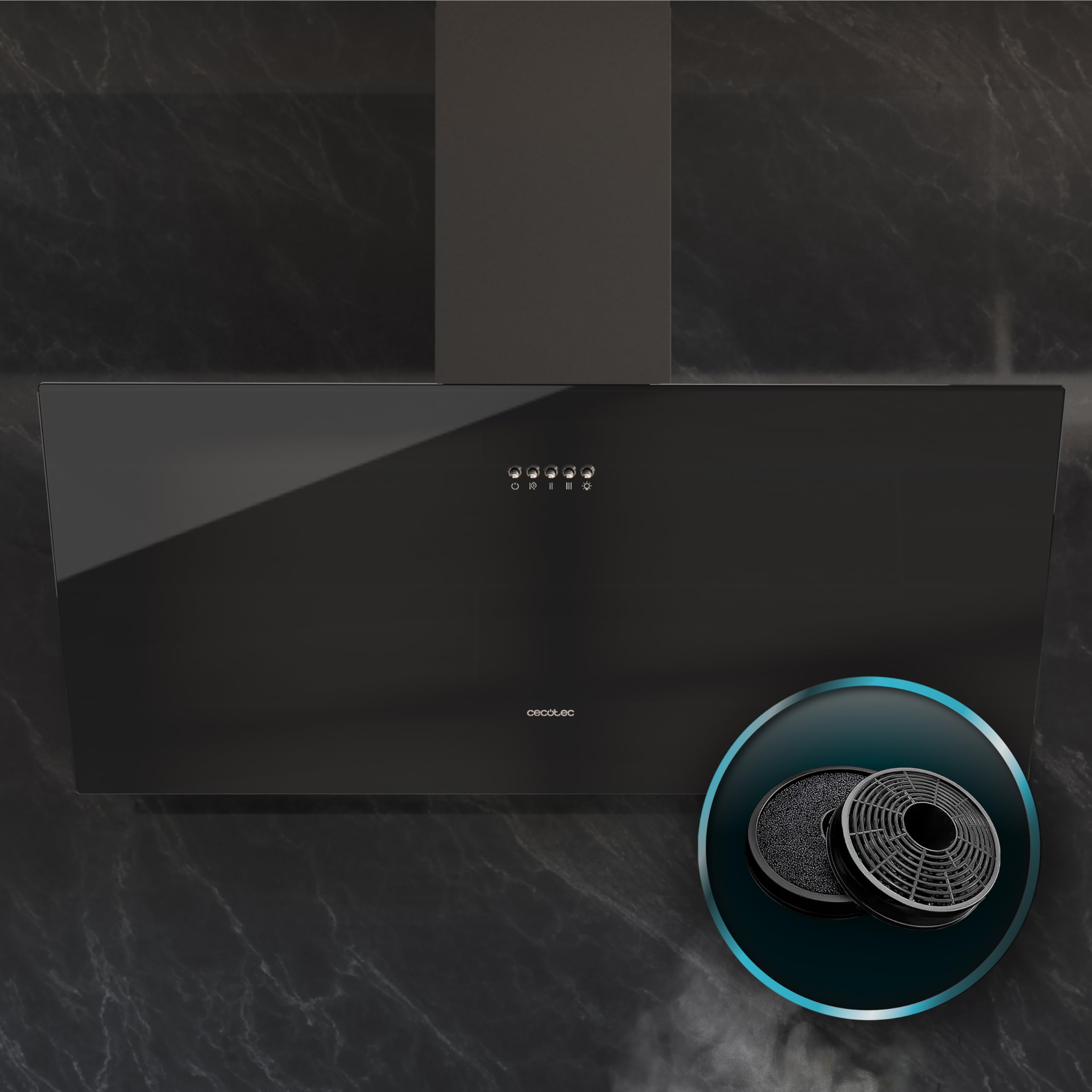 Cecotec Cappa Decorativa 90 cm Bolero Flux DM 906500 Glass Black A. Motore 165W, Basso Consumo, Fronte Vetro Nero, Aspirazione 650m³/h, Controllo Meccanico, 3 Livelli Potenza, Filtro a Carboni Attivi