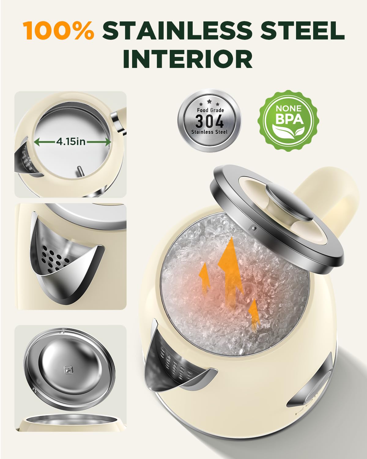 Hervidor eléctrico de 1.8 L con medidor de temperatura, hervidor de té eléctrico de ebullición rápida de 1500 W, hervidor de agua caliente de estilo retro 100% acero inoxidable, luz LED brillante, 2