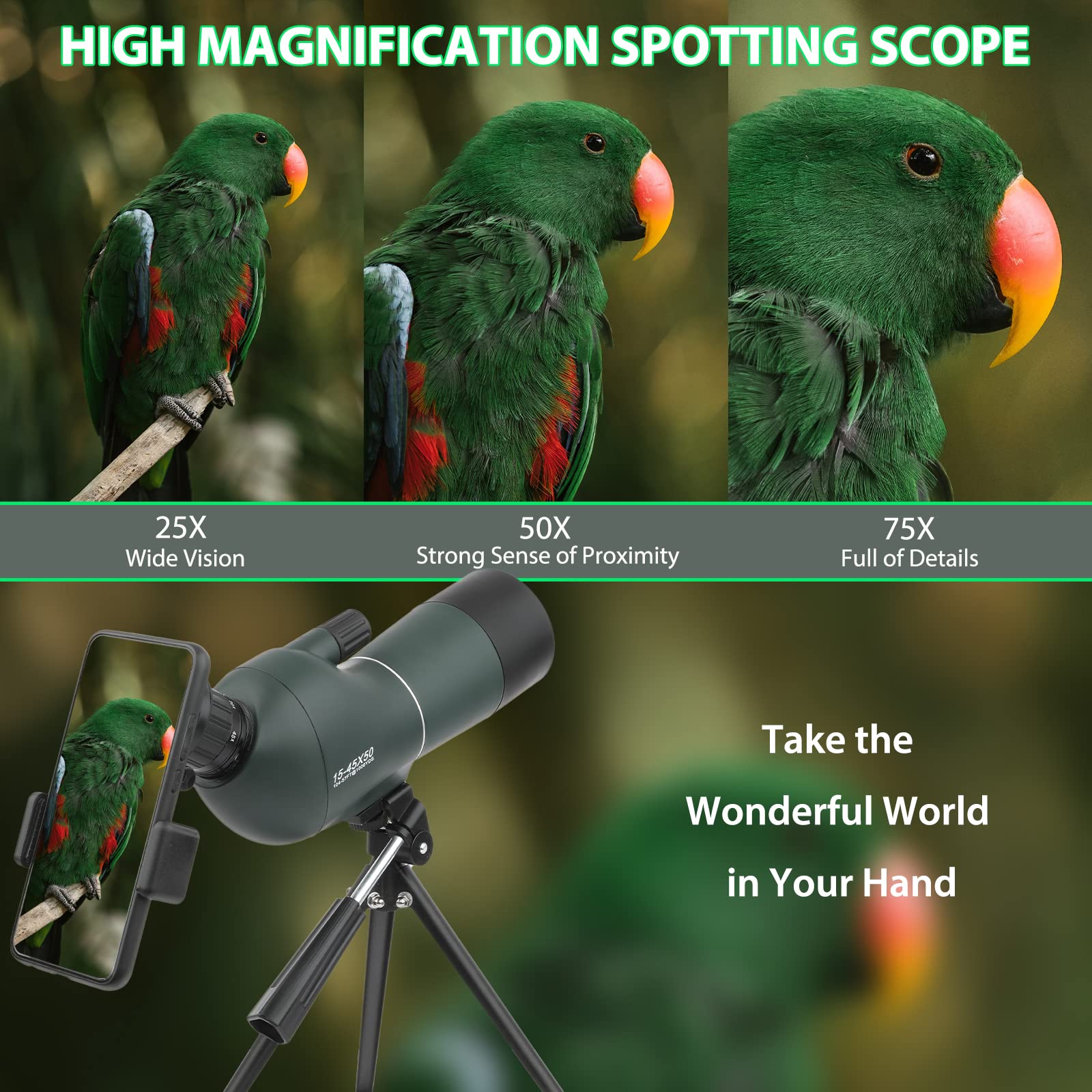 Cannocchiale con Treppiede, Borsa per il Trasporto e Adattatore per Smartphone, FMC Ottica Bak4 Prisma Telescopio Spotting Scope con Smartphone Adapter per Tiro a Segno Birdwatching Caccia (Green)