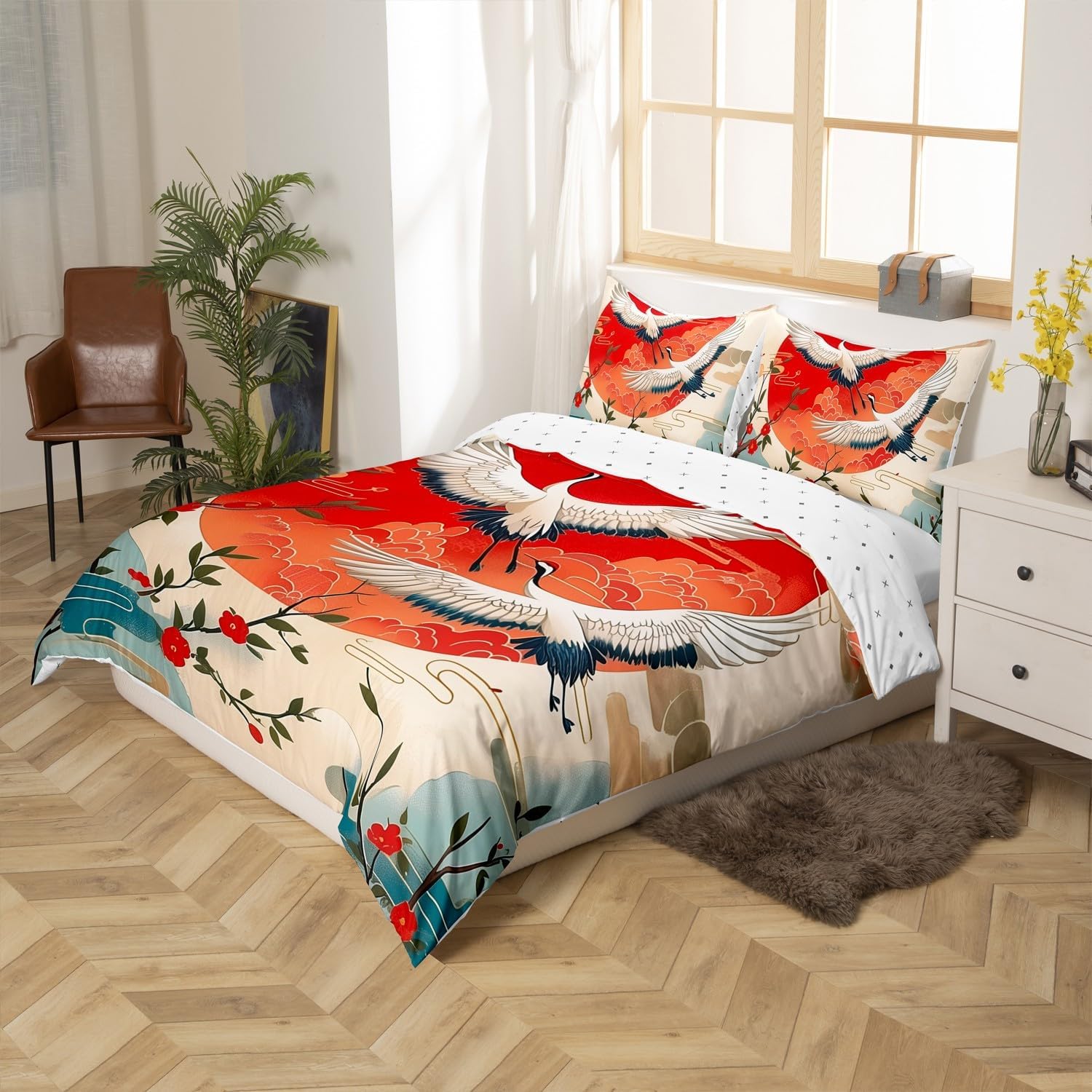 Red-Crowned Crane Duvet Cover Set Toddler Size,Bird Red Sun Flowers Blue Cloud Reversible Quilt Cover for Kids Boys Girls Traditional Chinese Painting Bedding Set with 1 Pillowcase,No Comforter