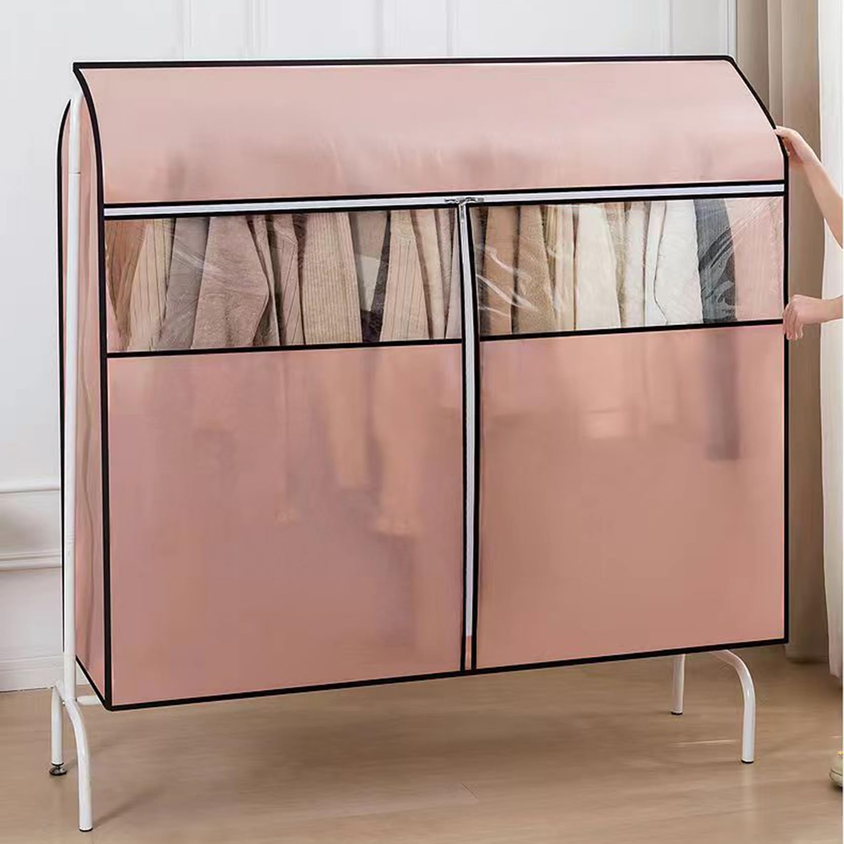 Xylgjyt Pink Clothes Rail Cover Breathable,Height 47.24 In,Dustproof Garment Rail Cover With Zipper And Clear Window,Wardrobe Hanging Coat Protector Bags For Dresses, Coats,Suit,-150X50x120cm