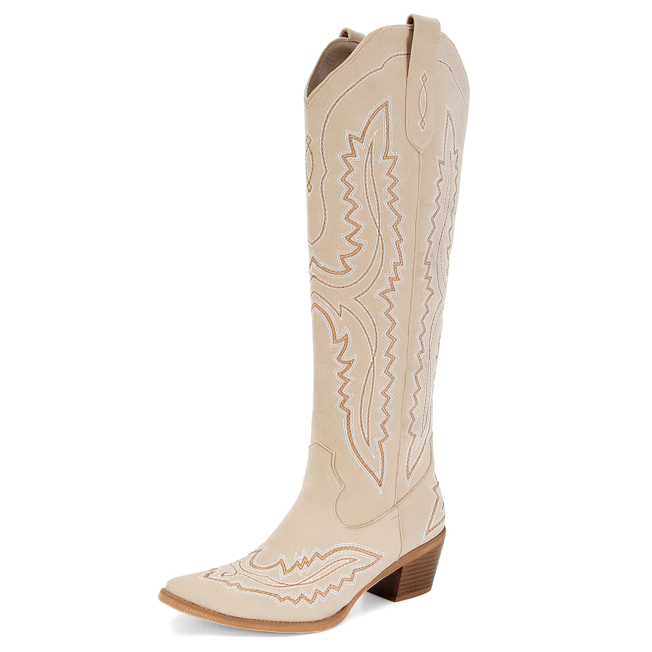 SOVANYOU Cowboy Boots for Women Brown Knee High Boots Almond Toe Chunky Heel Cowgirl Boot Country Concert Shoes