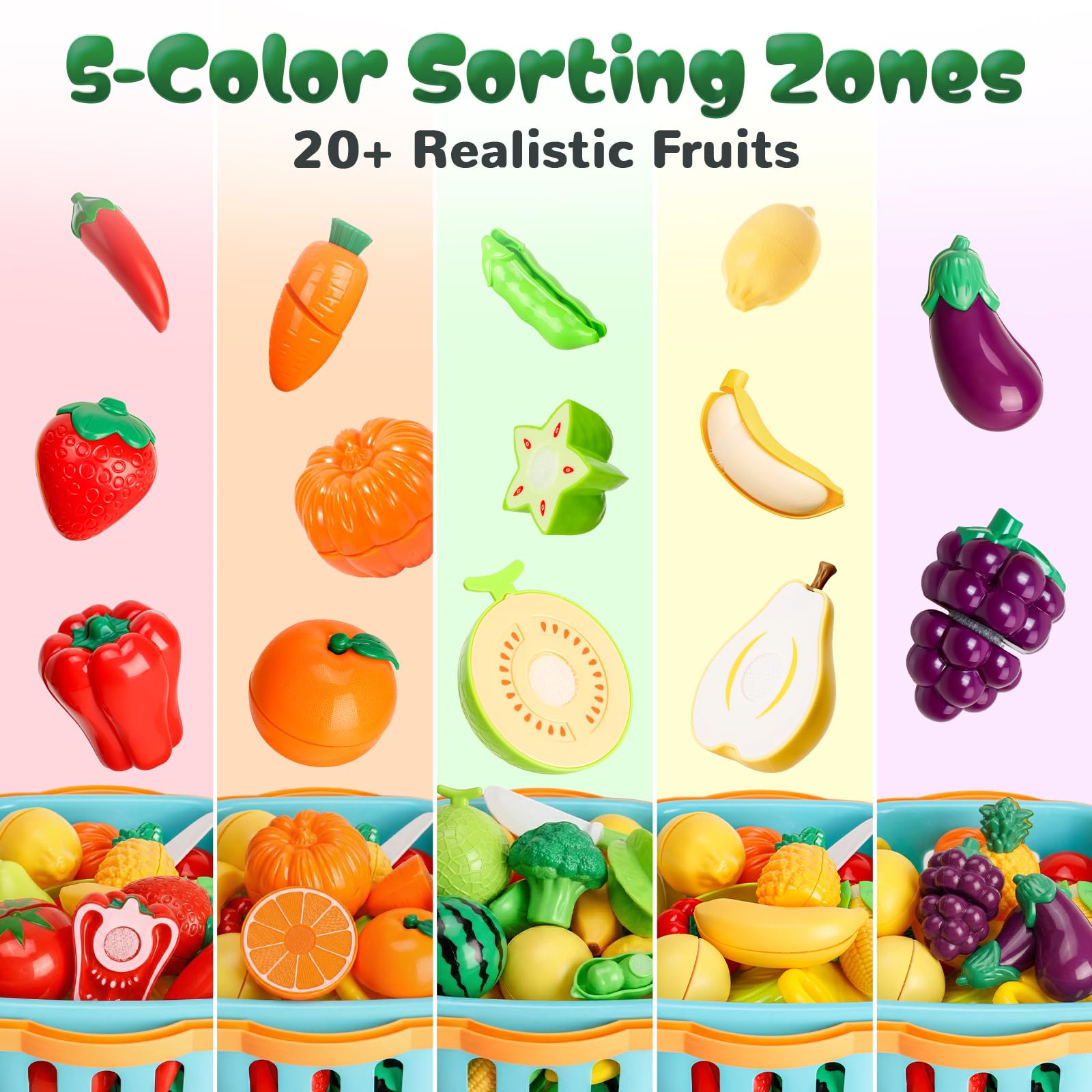 SOCBTNSO Essens-Set mit Filz-Baummatte und Aufbewahrungskorb: Küchenzubehör, Spielzeug, Obst und Gemüse, sensorisches Spielzeug, Montessori-Farbsortierung, Geschenk für 3, 4, 5, 6 Jahre, Kleinkinder
