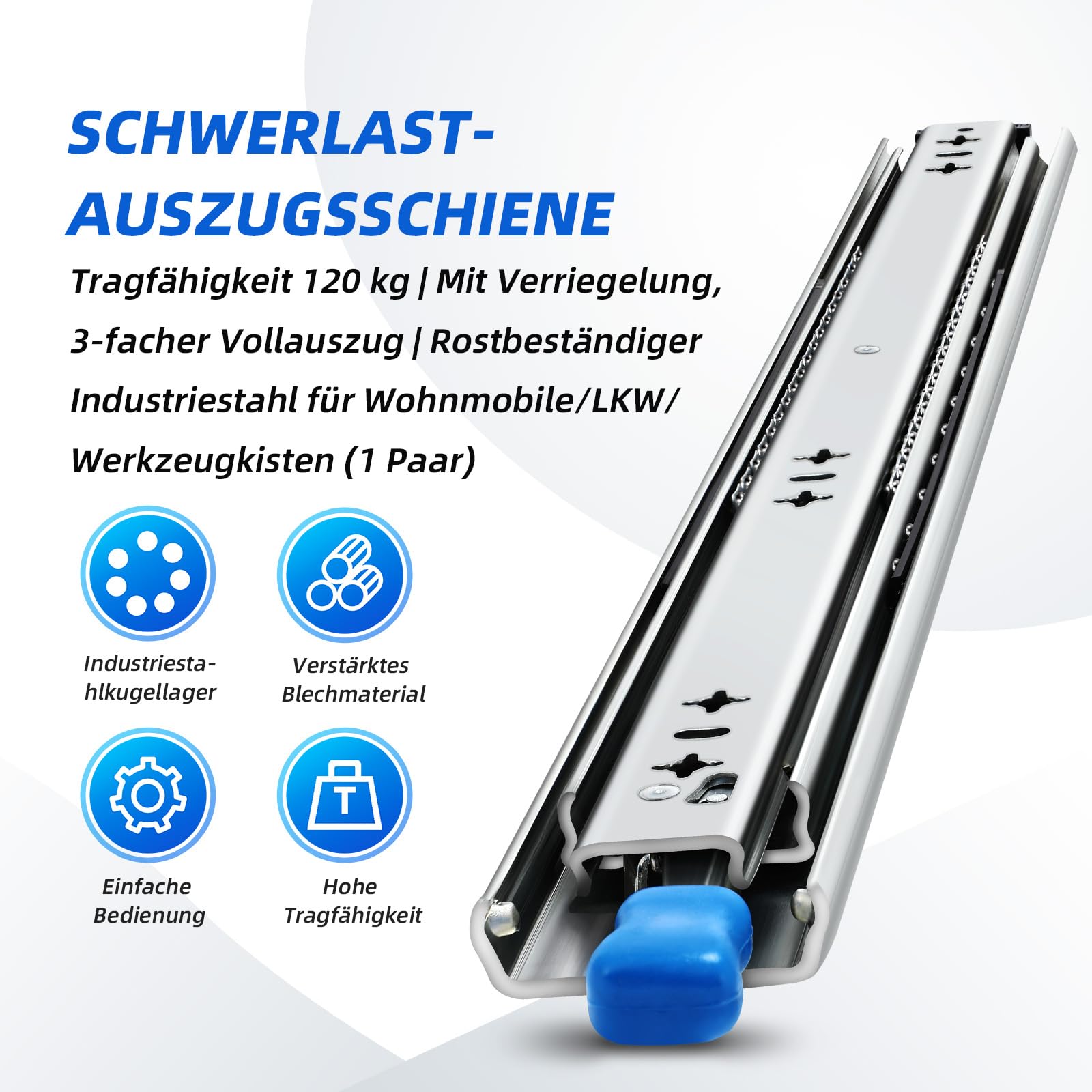 Schwerlastauszug mit Verriegelung Schubladenschienen 53 mm Vollauszug Kugellagerung 93-120 kg Tragkraft 450 mm