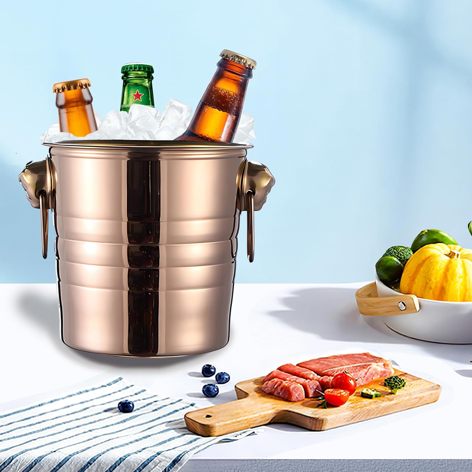 4 Pcs Stainless Steel Champagne Bucket, 3 Qt Double Wall Ice Bucket with Handles, Metal Wine Chiller for Champagne, Beer, Cocktails, Home Bar, Party Beverage Cooler (Rose Gold)