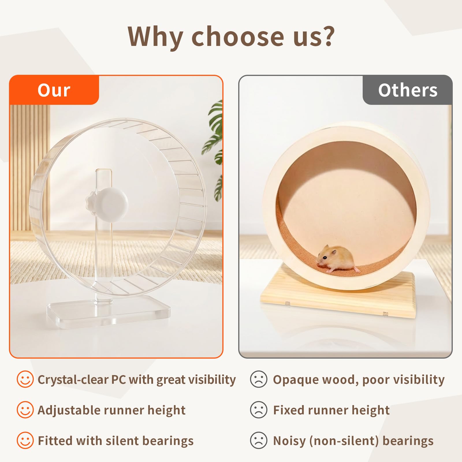 Roue silencieuse pour hamster de 27,9 cm - Grande roue transparente avec support réglable - Roue d'exercice silencieuse pour hamsters syriens, gerbilles, hérissons et petits animaux