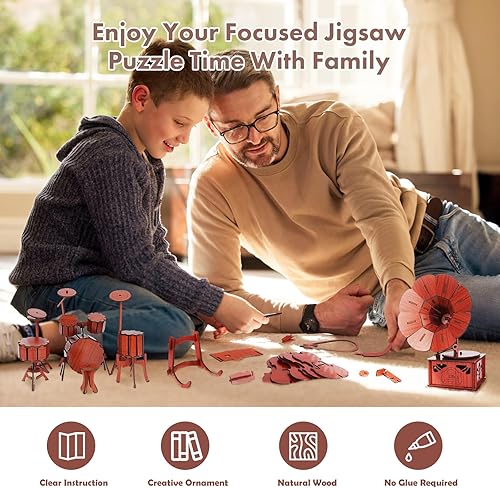 Miniatura 3 de Juego de instrumentos musicales 6 en 1 para adultos con piano, gramófono, kit de batería, violonchelo, erhu y pipa, para decoraciones de madera,