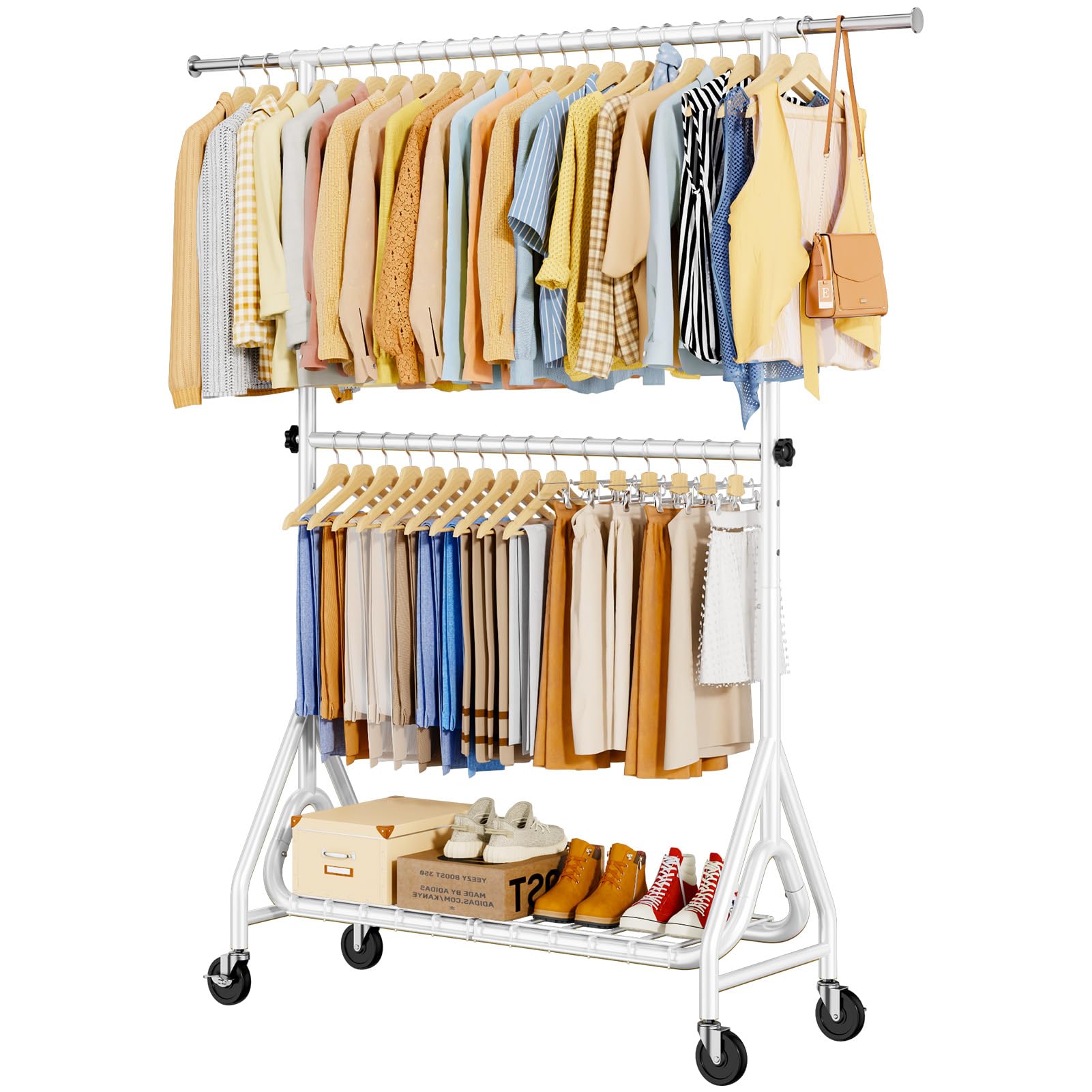 JIEJIERUI Double Rods Clothing Rack, Heavy Duty Clothes Rack for Hanging Clothes Load 560LBS, Metal Rolling Garment Racks with Wheels, Freestanding