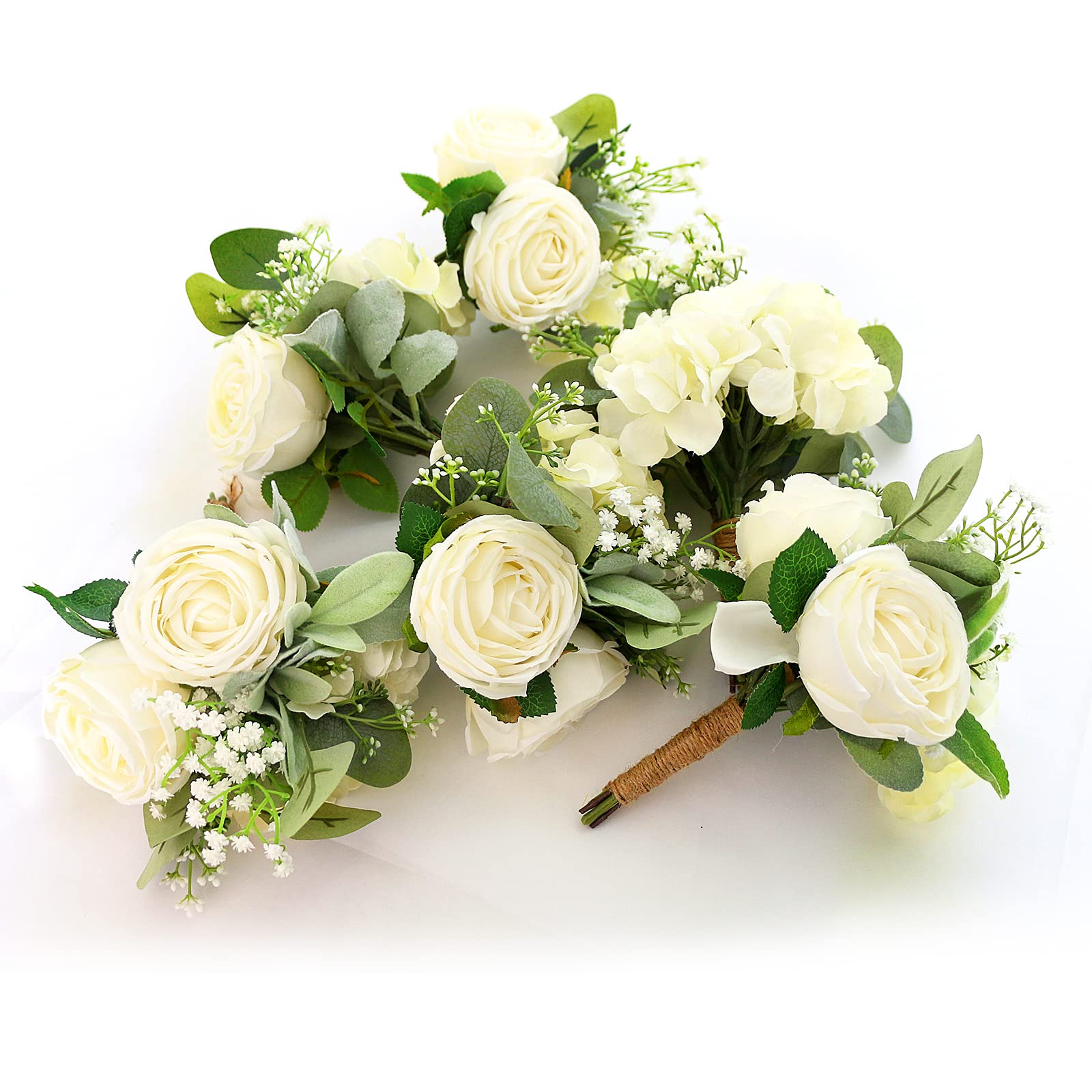 Bridesmaid Bouquets Set of 6 - Ivory White Artificial Flowers Bouquet for Bridesmaids Wedding Small Floral Centerpieces for Marriage Proposal Party Anniversary Dining Table Decor -7 Inch