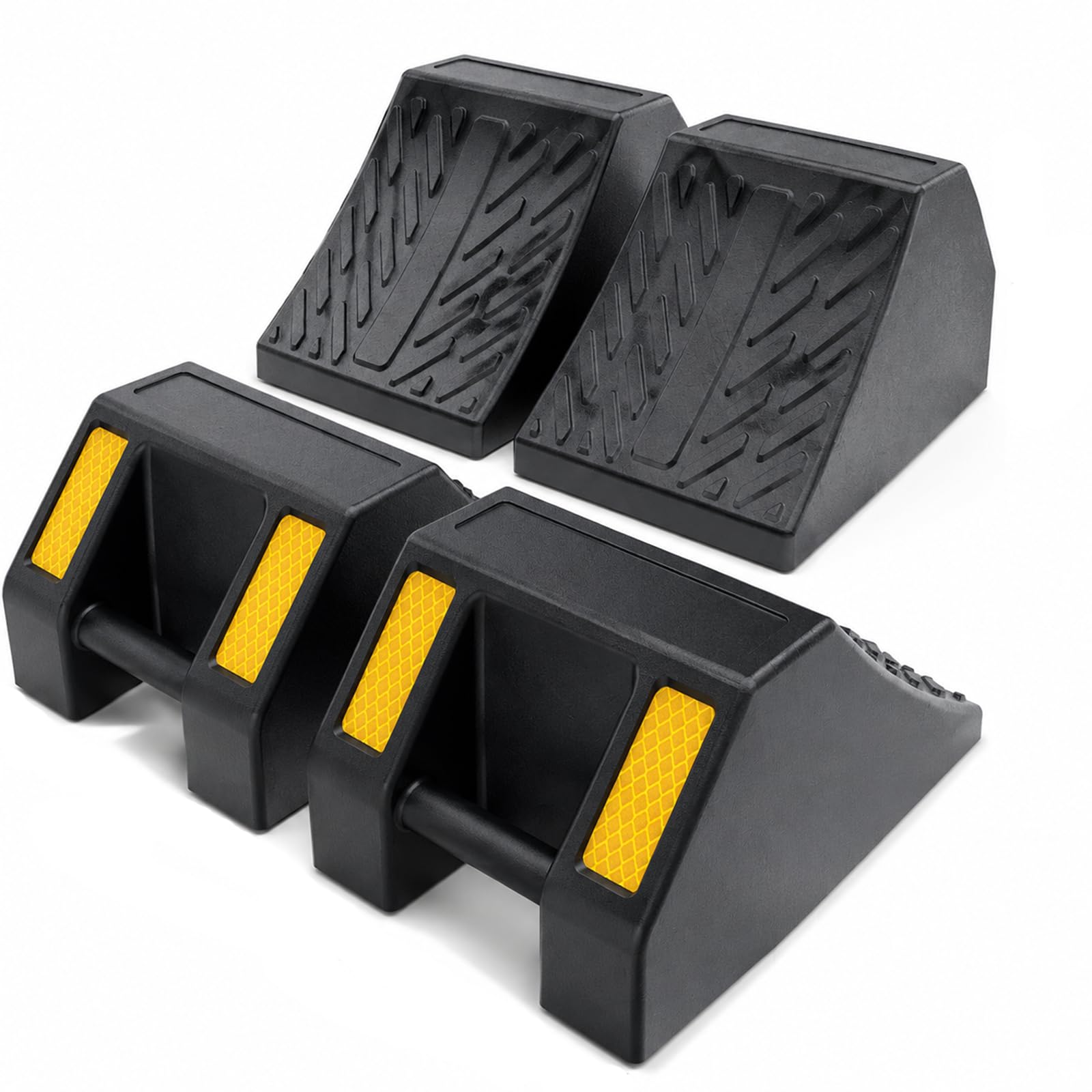 Große Unterlegkeile 4er-Set aus Vollgummi für Wohnwagen & Anhänger | 25 × 18 × 15 cm · 8T Schwerlast · Für große Reifen · Reflexstreifen · Rutschfest · Wohnmobil & LKW