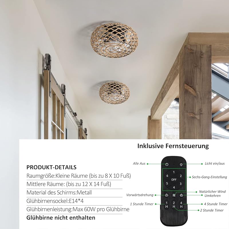 hummst 40 cm Mennyezeti Ventilátor Lámpával és Távirányítóval, Csendes, 6 Fokozat