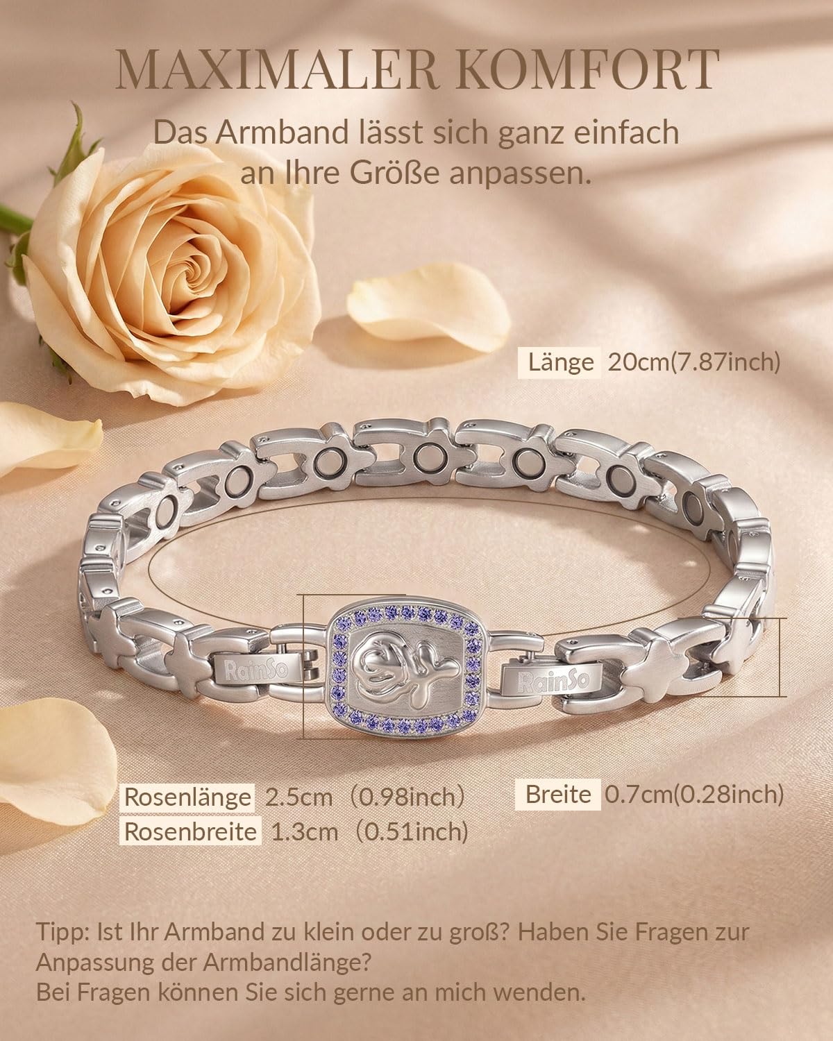 RainSo Bracelet magnétique pour femme - Rose amovible - Bracelet 2 en 1 en acier inoxydable avec double possibilité de port - Taille réglable - Avec outil de réglage et boîte cadeau (violet)
