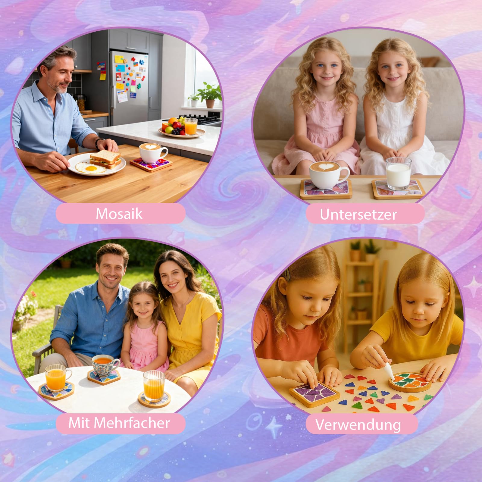 Mosaik Bastelset Kinder, 4 Stück Mosaiksteine zum Basteln und Holz Untersetzer, DIY Kit, Wärmeisolierender Untersetzer für Kinder ab 4 Jahren, Mädchengeburtstag