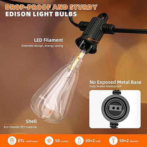 Miniatura 4 de Kawaya Tira de luces LED para exteriores de 100 pies con 50+2 bombillas Edison vintage inastillables, 2700 K, regulables, IP65, impermeables, para