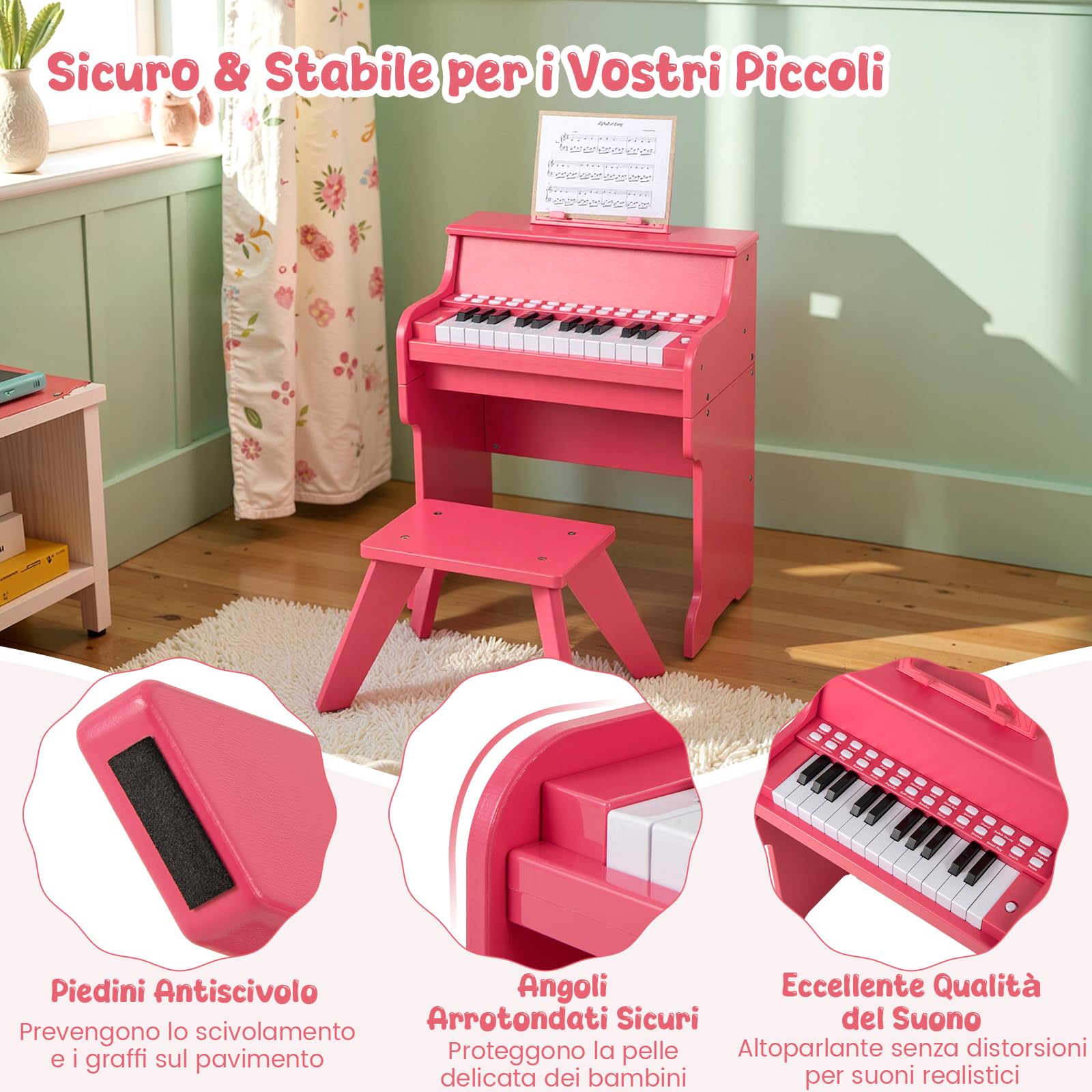 GYMAX Pianoforte Digitale in Legno per Bambini, Tastiera a 25 Tasti con Leggio, Sgabello, Tasti Illuminati, Modalità Didattica, 6 Strumenti e 8 Percussioni, Strumento Musicale (Rosa)