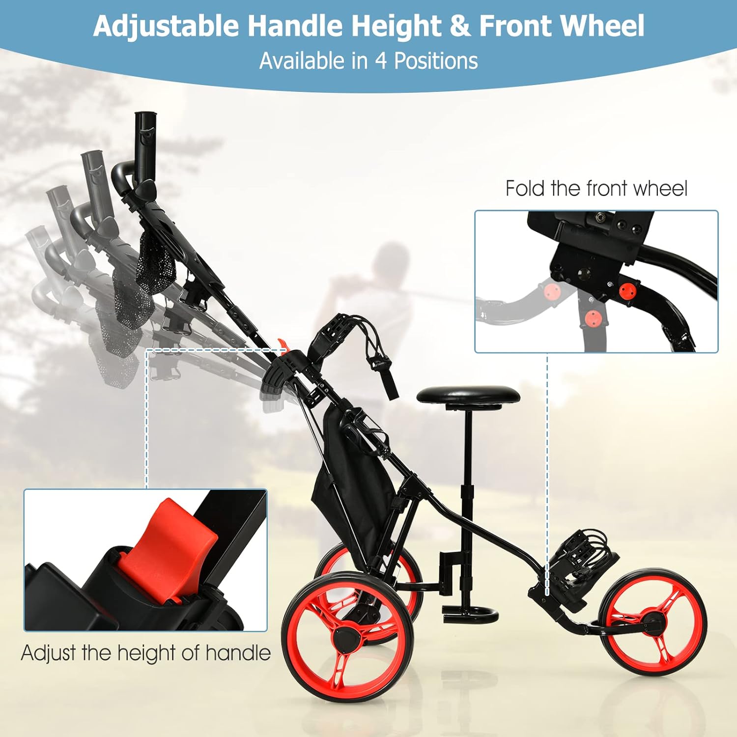 Tangkula Golf Push Pull Cart with Seat, Lightweight Folding 3 Wheels Golf Push Cart, Golf Trolley W/Storage Bag, Foot Brake, Adjustable Umbrella Holder & Seat, 4 Height Position Handle (Red)
