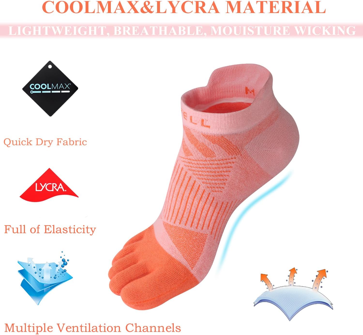 VWELL Toe Socks for Men Women COOLMAX Five Finger Socks Athletic Ankle Toe socks Breathable Moisture Wicking (3Pairs)