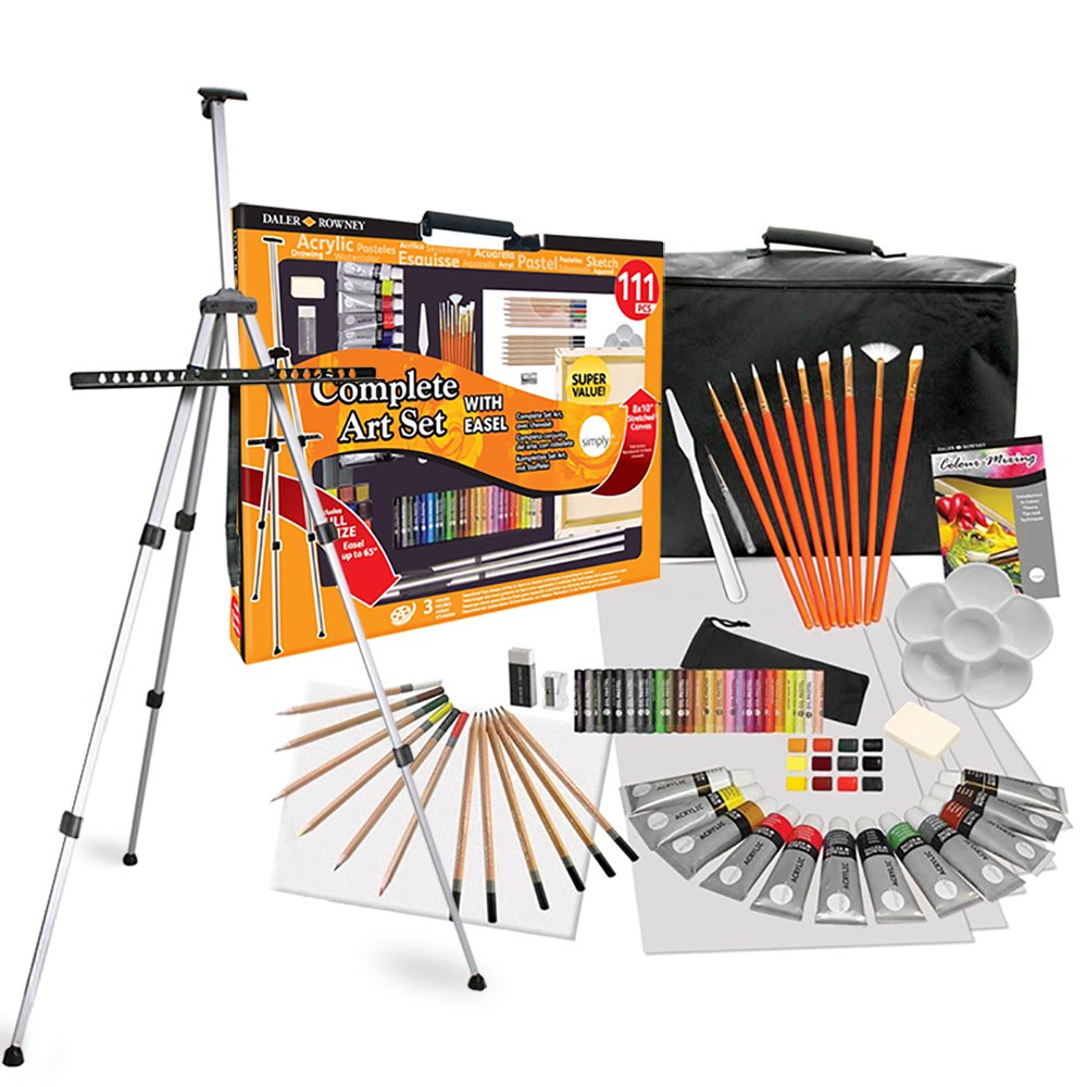 Daler Rowney - Set Completo de Pintura 111 Piezas y Set de Dibujo XXL con Caballete, Colores, lápices y Lienzo