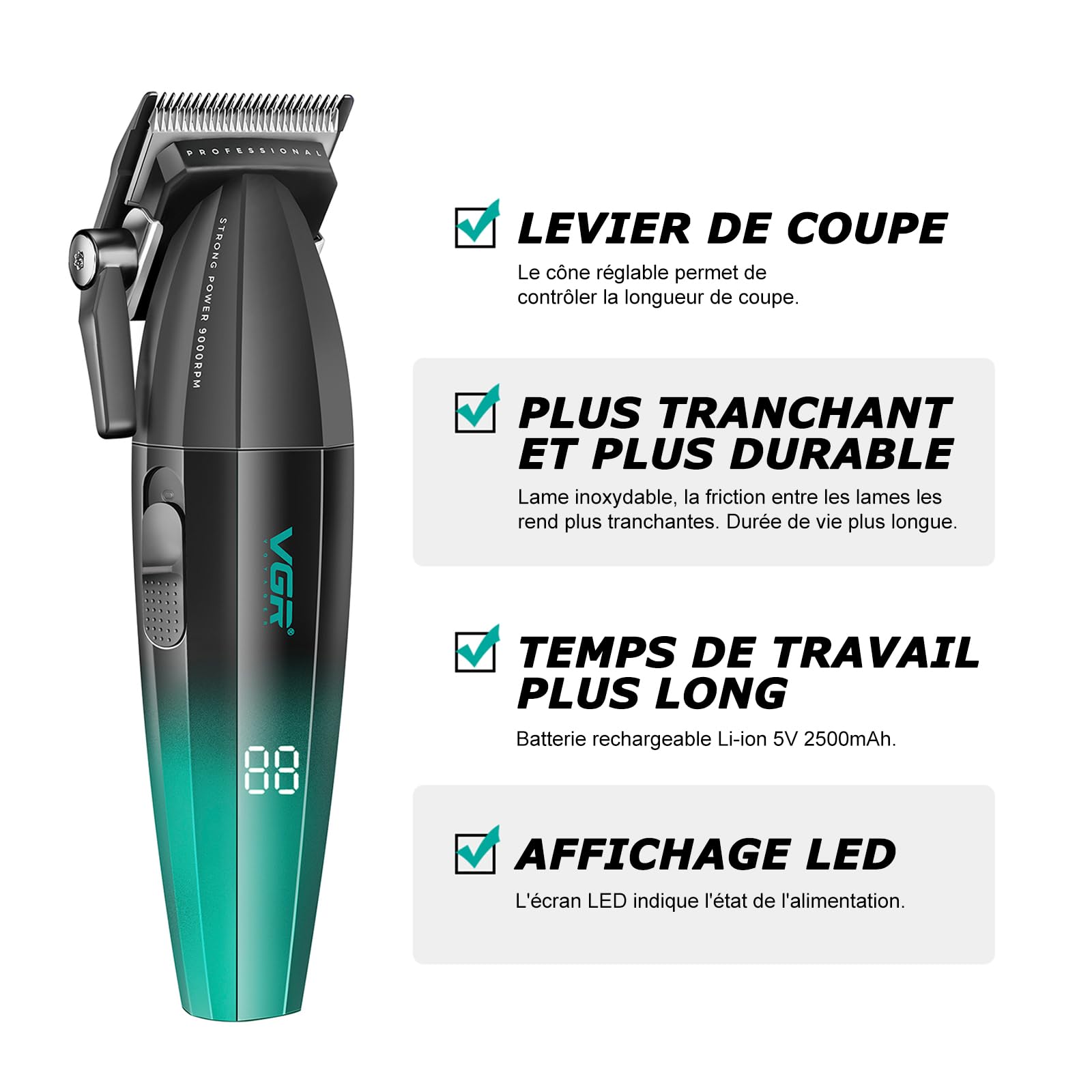VGR 003 Fresh Fade Tondeuse Cheveux Hommes Professionnel, Boîtier Métallique et Moteur Puissant à 9000 TR/MIN, Tondeuse à Cheveux Sans Fil, Lames en Céramique, Affichage LED, Recharge USB, Vert