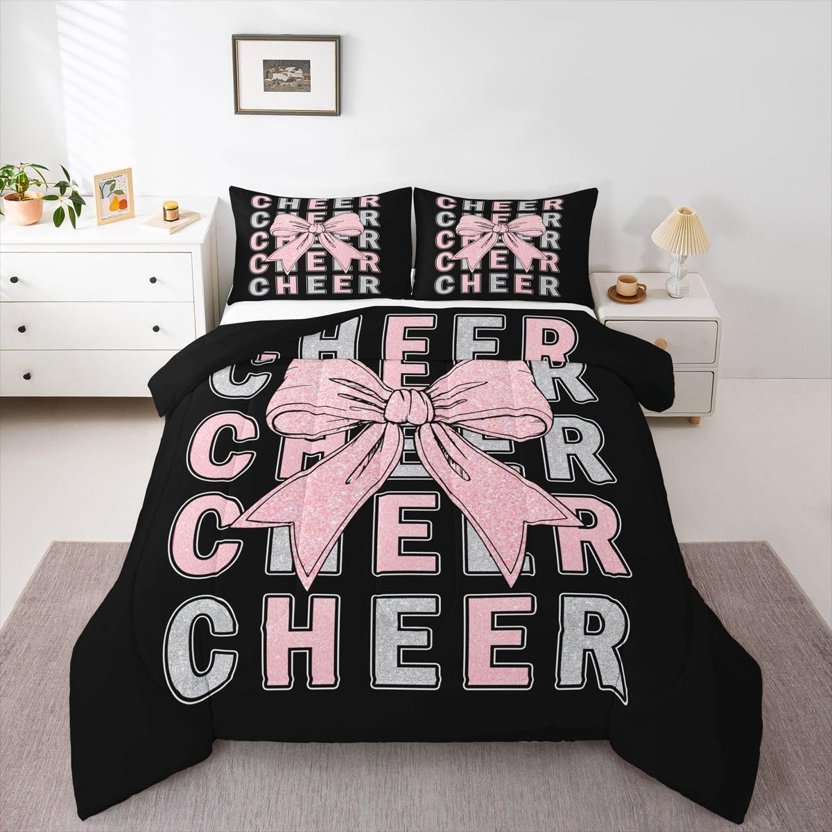 Feelyou Cheer Comforter Set Queen Size Pink Bowknot Bedding Set for Kids Boys Girls Sport Cheerleader Duvet Quilt Cheerleading Bedroom Decor Microfiber 3 Pcs with 2 Pillow Cases