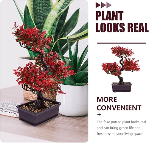 Miniatura 5 de EXCEART Planta de bonsái artificial, decoración en maceta de plástico rojo para escritorio, mesa de boda, centro de mesa, decoración del hogar y la