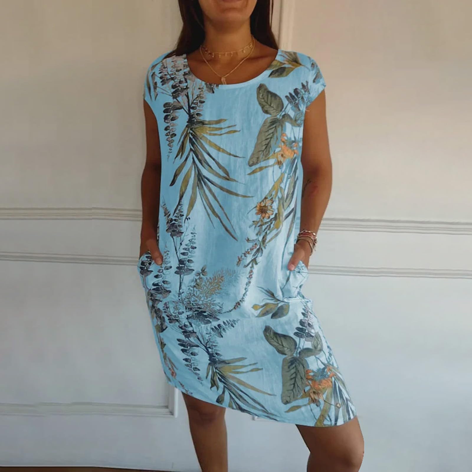 Leinen Sommerkleid Damen, Leinenkleider Damen Mit Taschen Sommer Strandkleid Große Größen Kleider Frühling Luftig a Linien Boho Musselin Leinen T Shirt Kleid Lässiges Sommerkleider Leicht Und Luftig