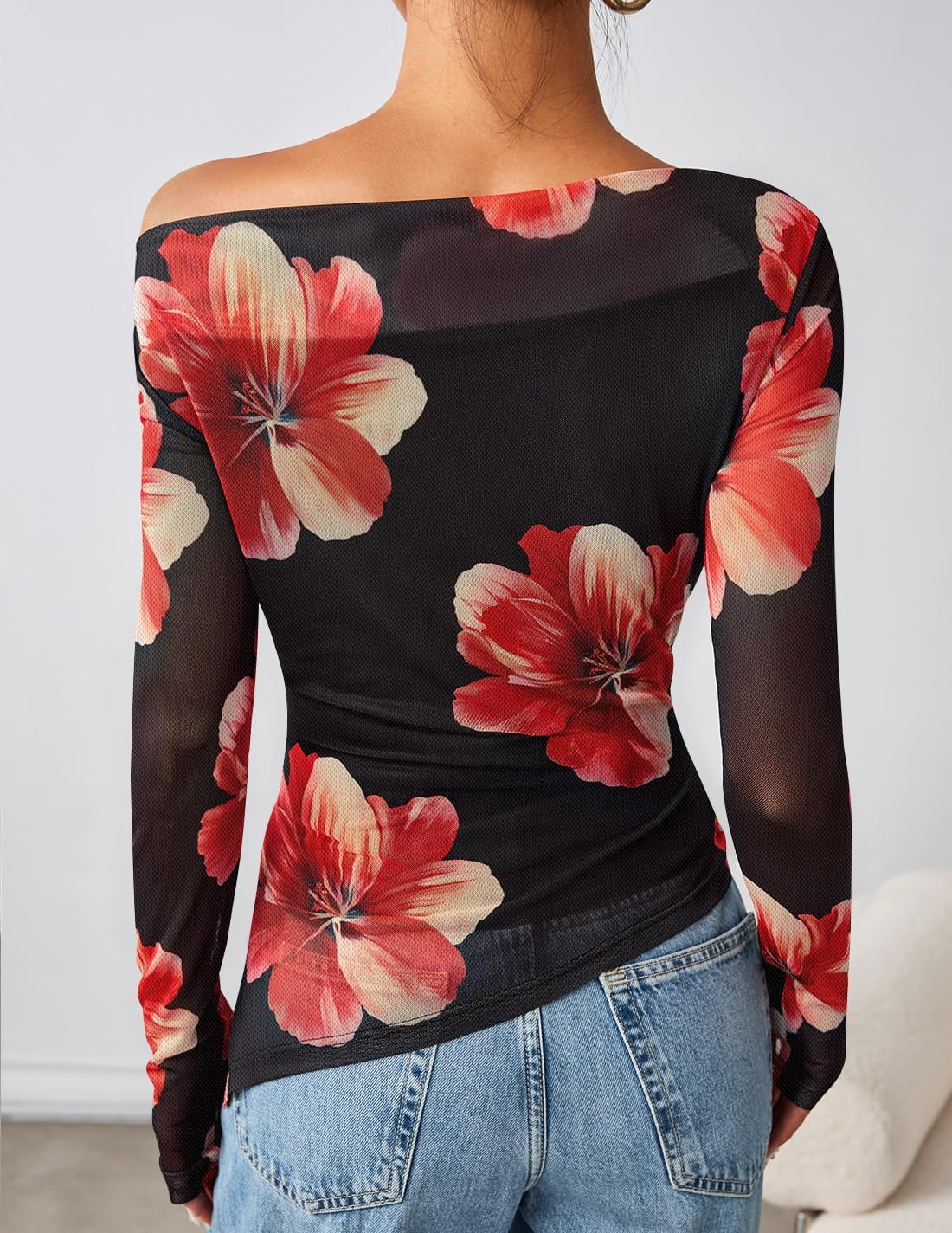 ZESICA Floral Mesh Off Shoulder Long Sleeve Tops for Women 2026 Y2k Double Lined Sheer Spring Going Out Shirts - Image 4