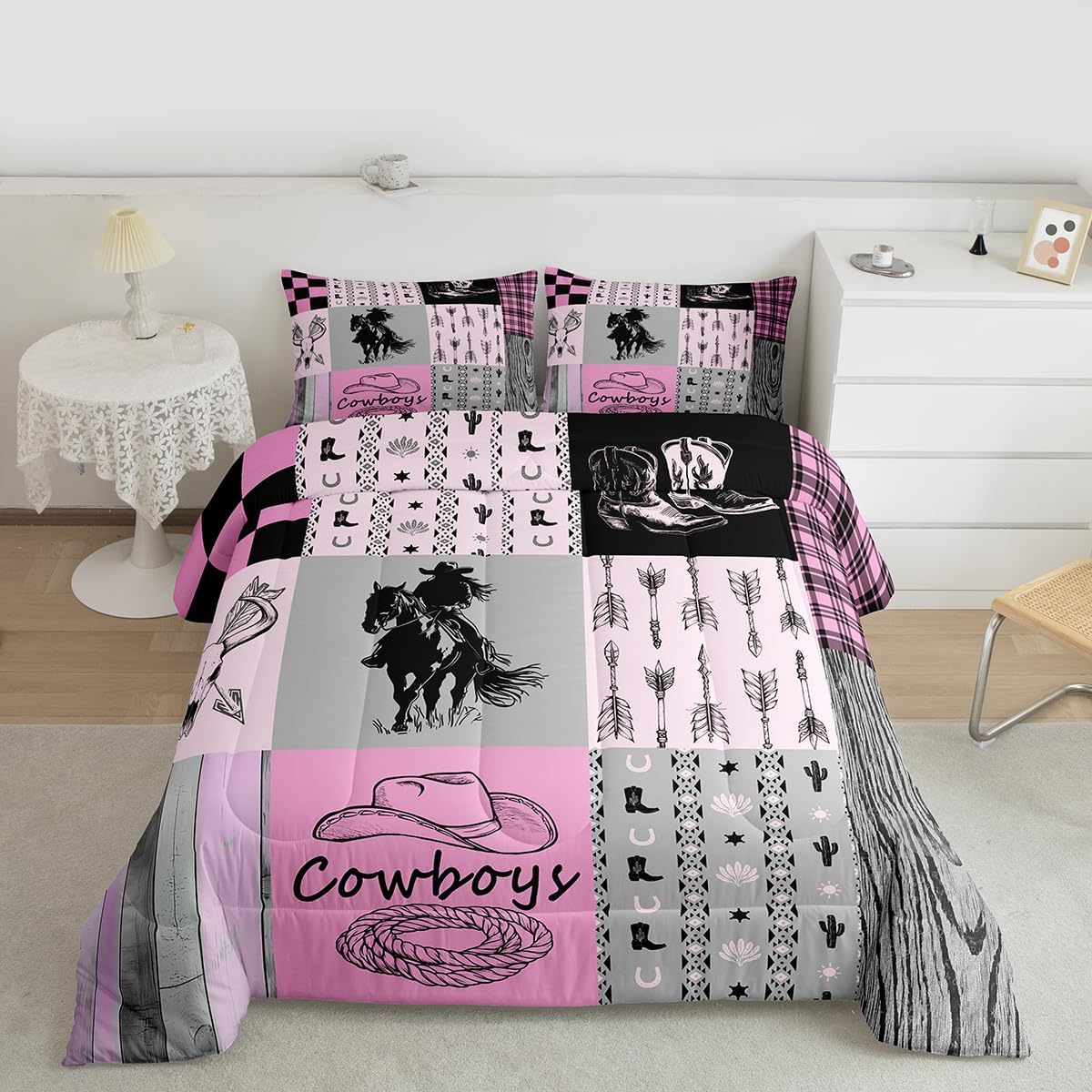 Erosebridal Girls Western Comforter Set Queen Pink Grey Cowgirl Kids Bedding Set Teen Women Wild West Bull Horse Quilt Set Country Farmhouse Buffalo Plaid Bed Comforter Set 2 Pillow Cases Room Decor