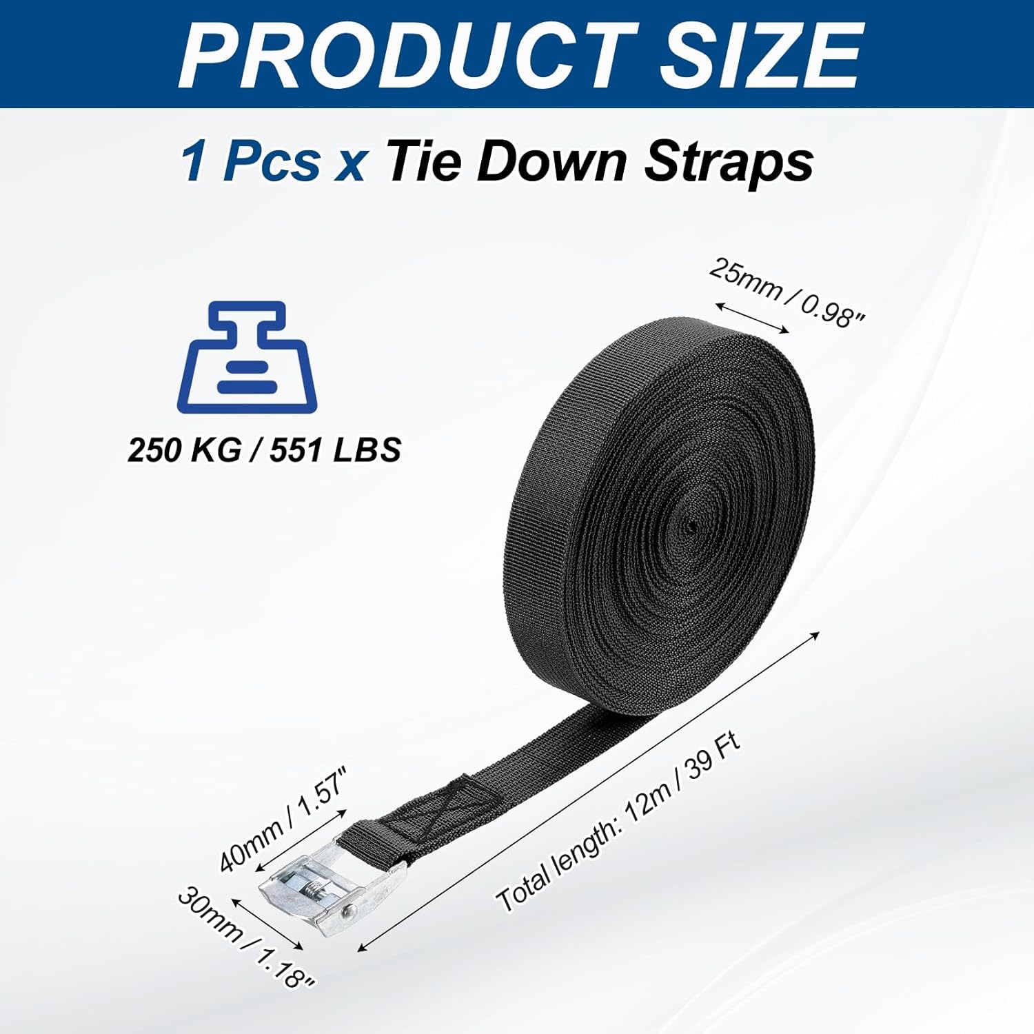 PATIKIL Lashing Straps 1" x 39 Ft, Tie Down Strap Cam Buckle Adjustable Ratchet Straps 551 lbs for Cargo Trucks Motorcycle Luggage, Black - Image 2