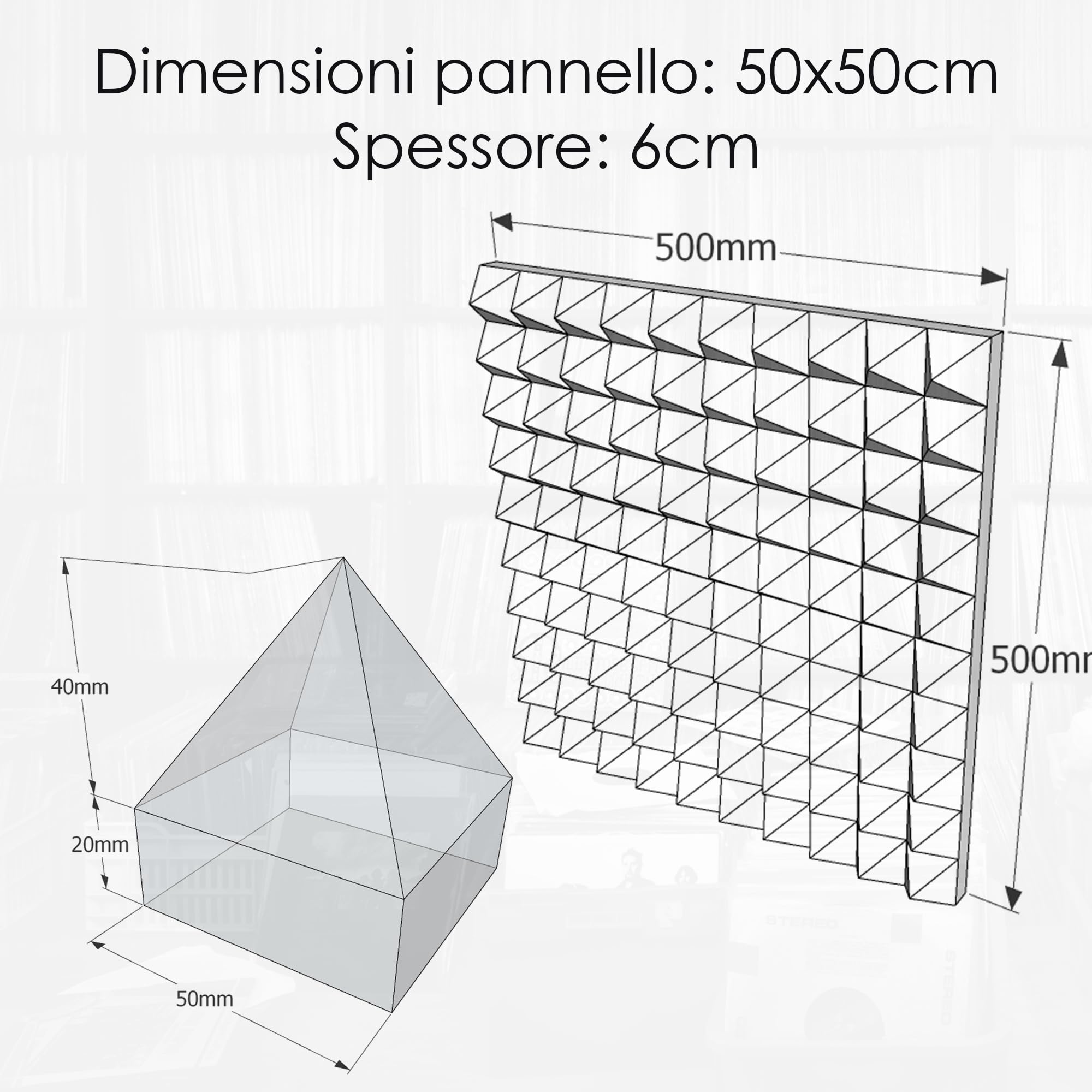 Keyhelm - Pannelli Fonoassorbenti Piramidali 50x50x6 D25 Pacco Da 20 | Correzione Acustica Medio-Alte Frequenze | Studio di Registrazione