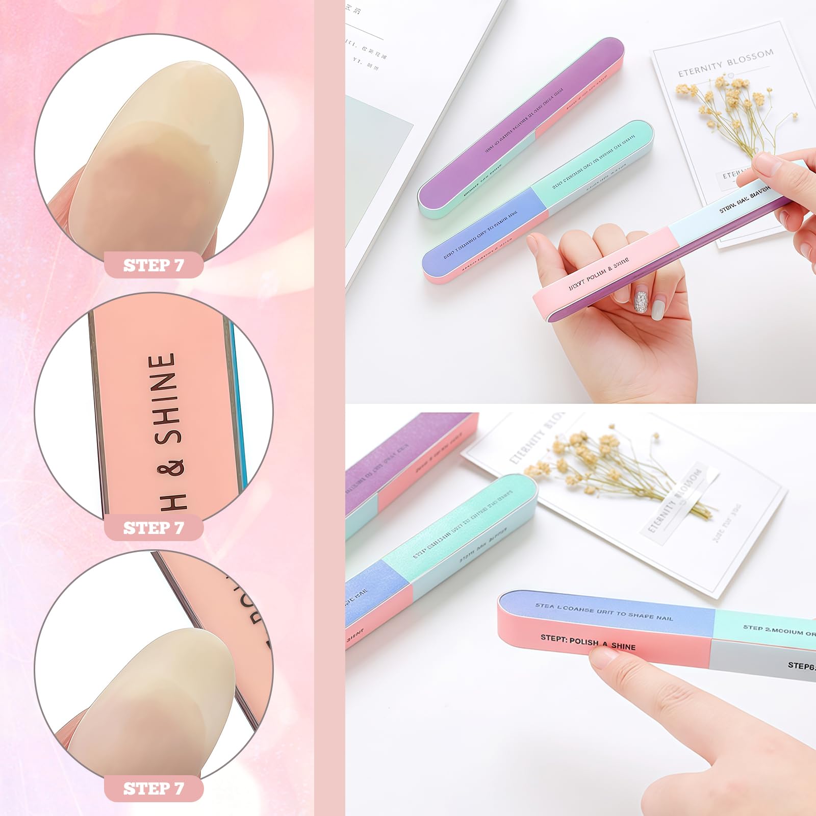 Yamobi 6 pièces Lime à ongles 4 faces pour ongles, lime à polir de haute qualité pour ongles naturels, blocs de polissage pour ongles en gel, limes à ongles lavables pour polir et faire briller