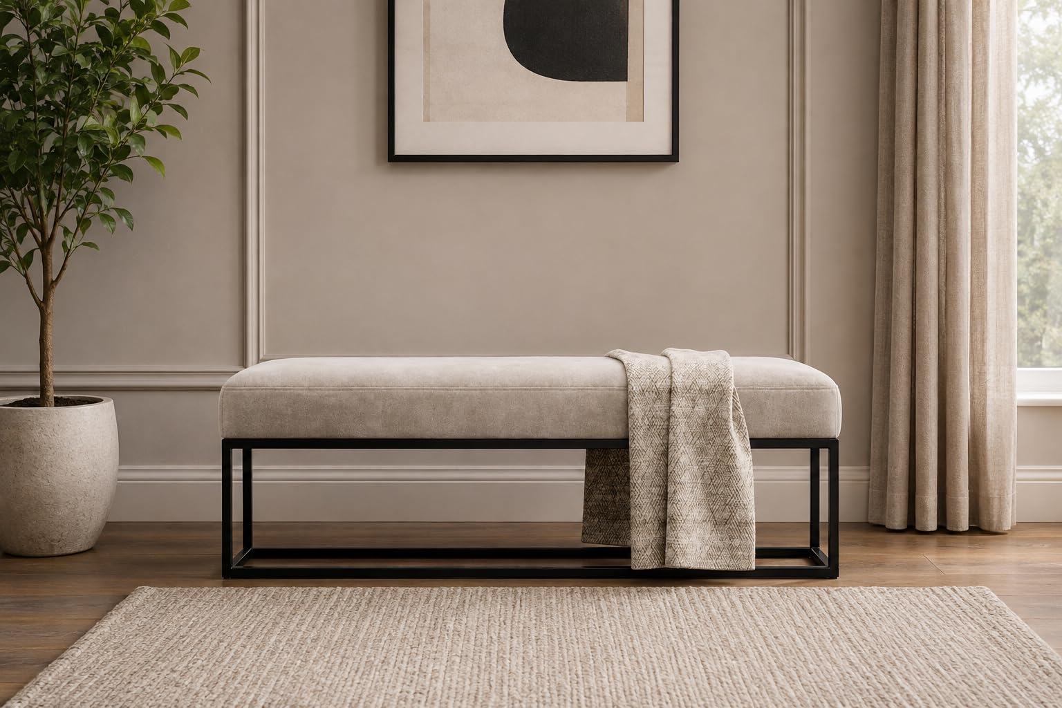Upholstered Bench with Black Metal Frame, Beige Cushion Seat Contemporary Bench Design, Home Decor Accessory.-image-35