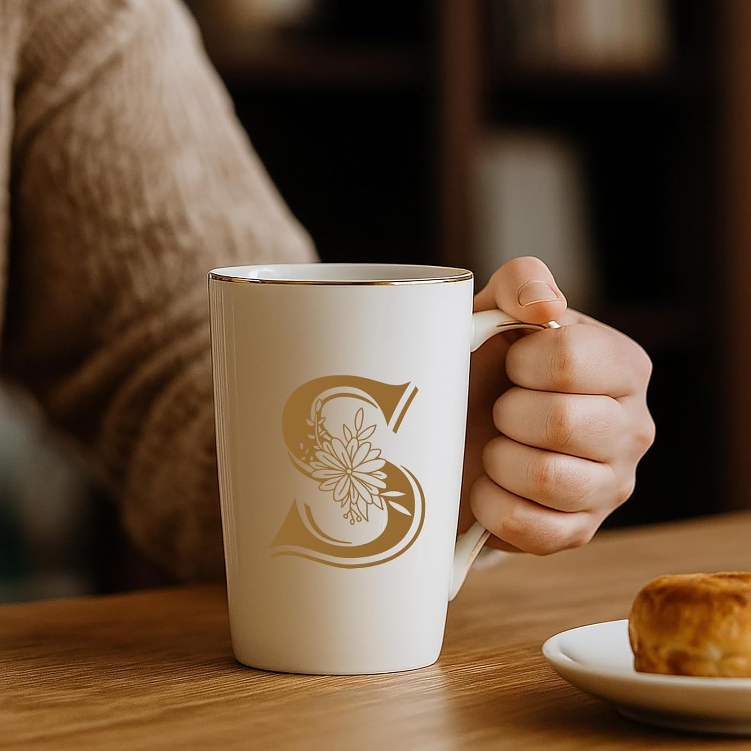 Letter S Personalized Initial Mugs with Flower, Letter S Personalized Coffee Mug, Customized Cool Letter Mugs for Women, Bridal Shower Gifts, Women's Initials Gifts Mug 14 OZ Matte White - Image 3