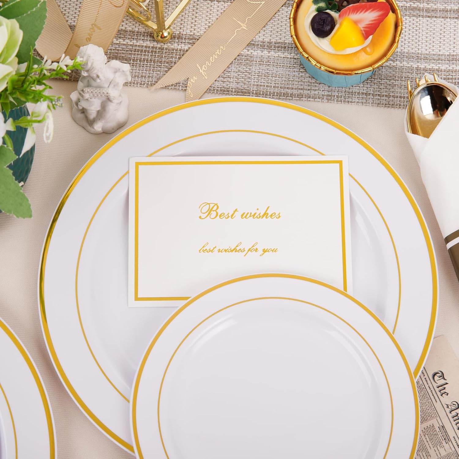 350 Piece Gold Plastic Dinnerware Set For 50 Guests - Gold Plastic Plates With Disposable Cutlery Include:50Dinner Plates-50Dessert Plates-50Pre Rolled Napkins With Gold Silverware
