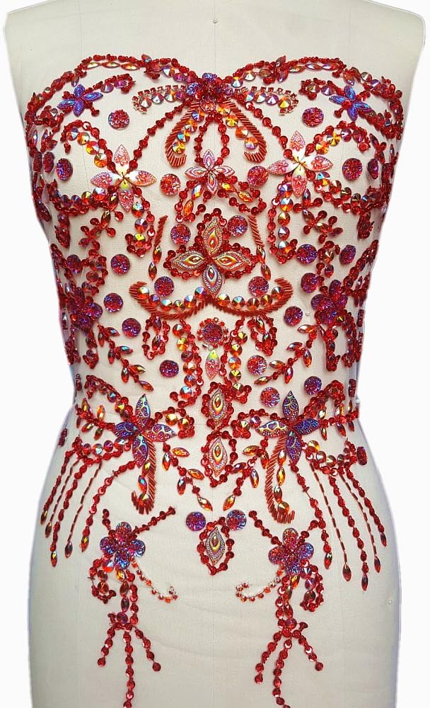 Noble Pure Handmade Big Beaded Crystal Red AB Color Patches Sew on Rhinestones with Stones Sequins Beads Bridal Applique Designs Patches Sewing for DIY Wedding Dress Trim 38x56cm